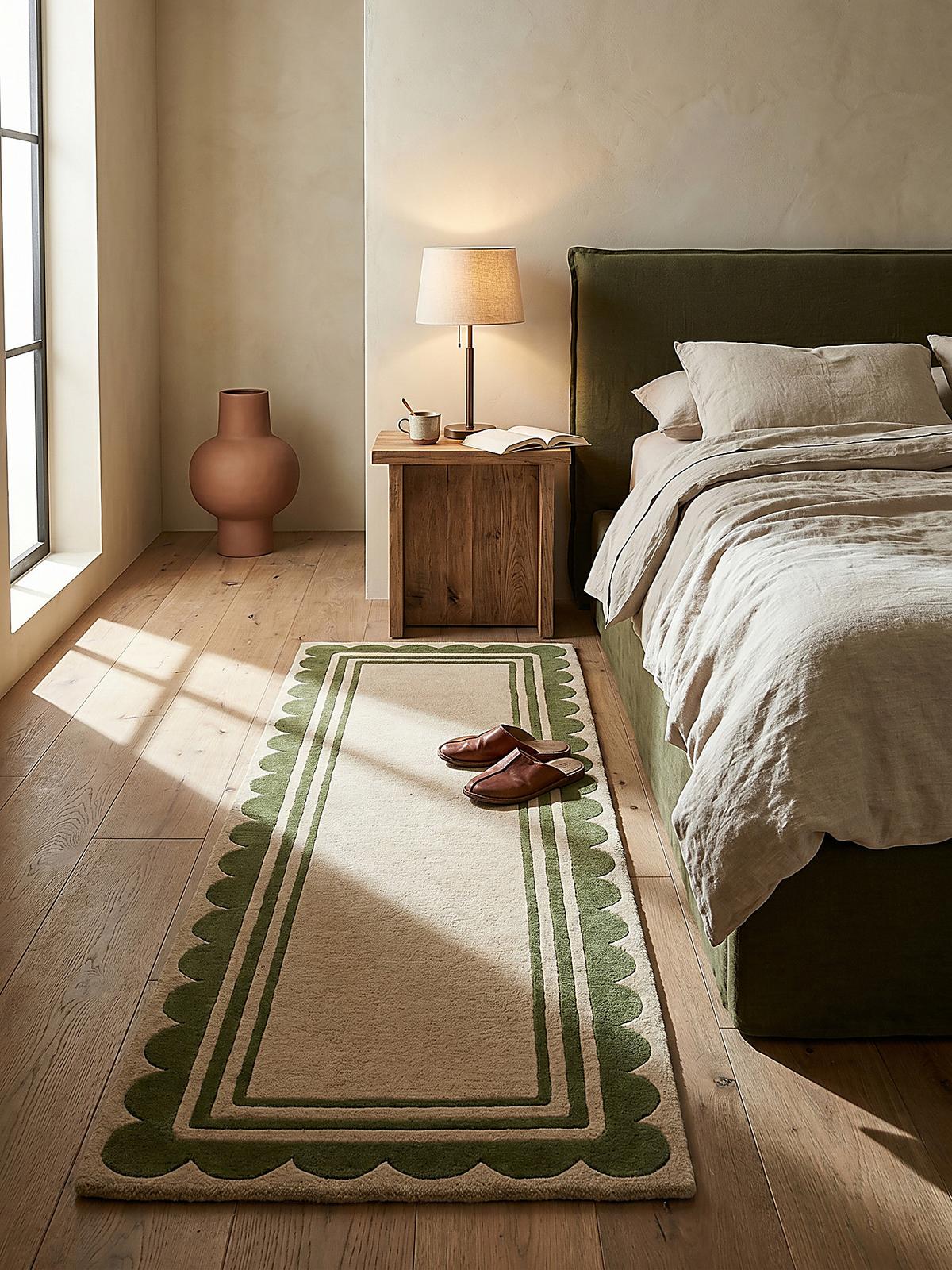 WOLLTEPPICH WENSUM, mit grafischem Muster mit Rahmen, Grün-Beige, 80 x 230 cm - Grün, Textil (230/80cm) - KADIMA DESIGN