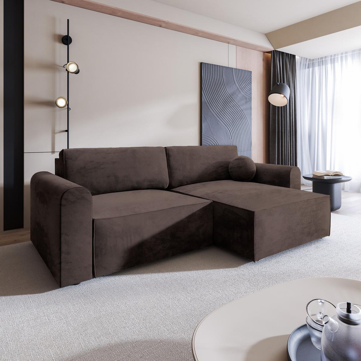 ECKSOFA FIANO M Braun Velours-Stoff mit Schlaffunktion - Braun/Grau, Holz/Kunststoff (245/148cm) - MASSENO