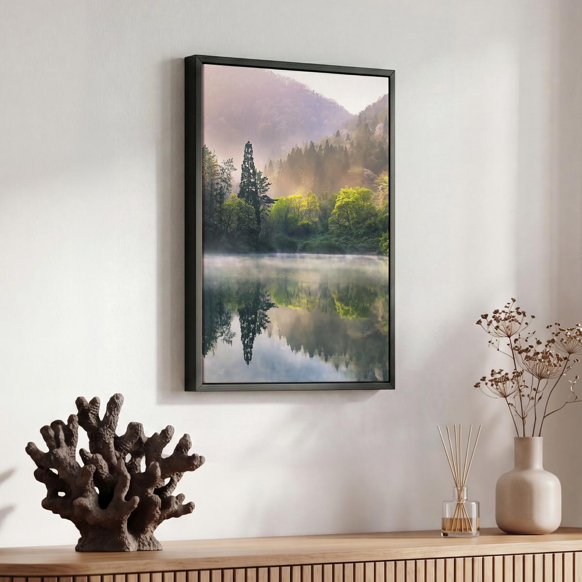 LEINWAND Bilder mit Rahmen - Natur - Bäume - Berge - See - Wasser - 30x40 - Hellgrün, Textil (30/40cm) - MuchoWow