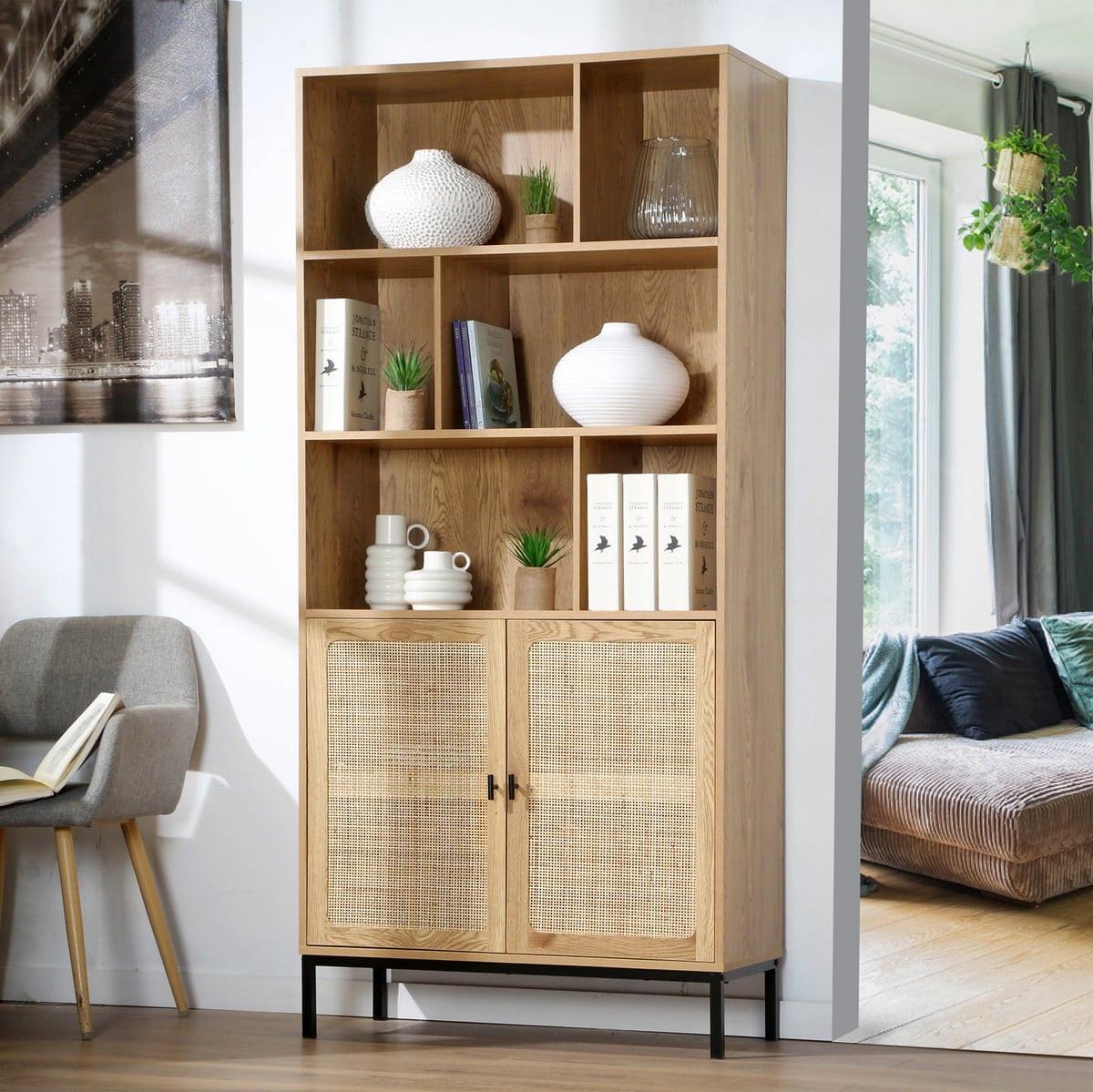 BÜCHERREGAL mit Aufbewahrung 2 Türen aus natürlichem Rattan H175cm - JAYA - Eschefarben, Holzwerkstoff (35/175/45cm) - Calicosy