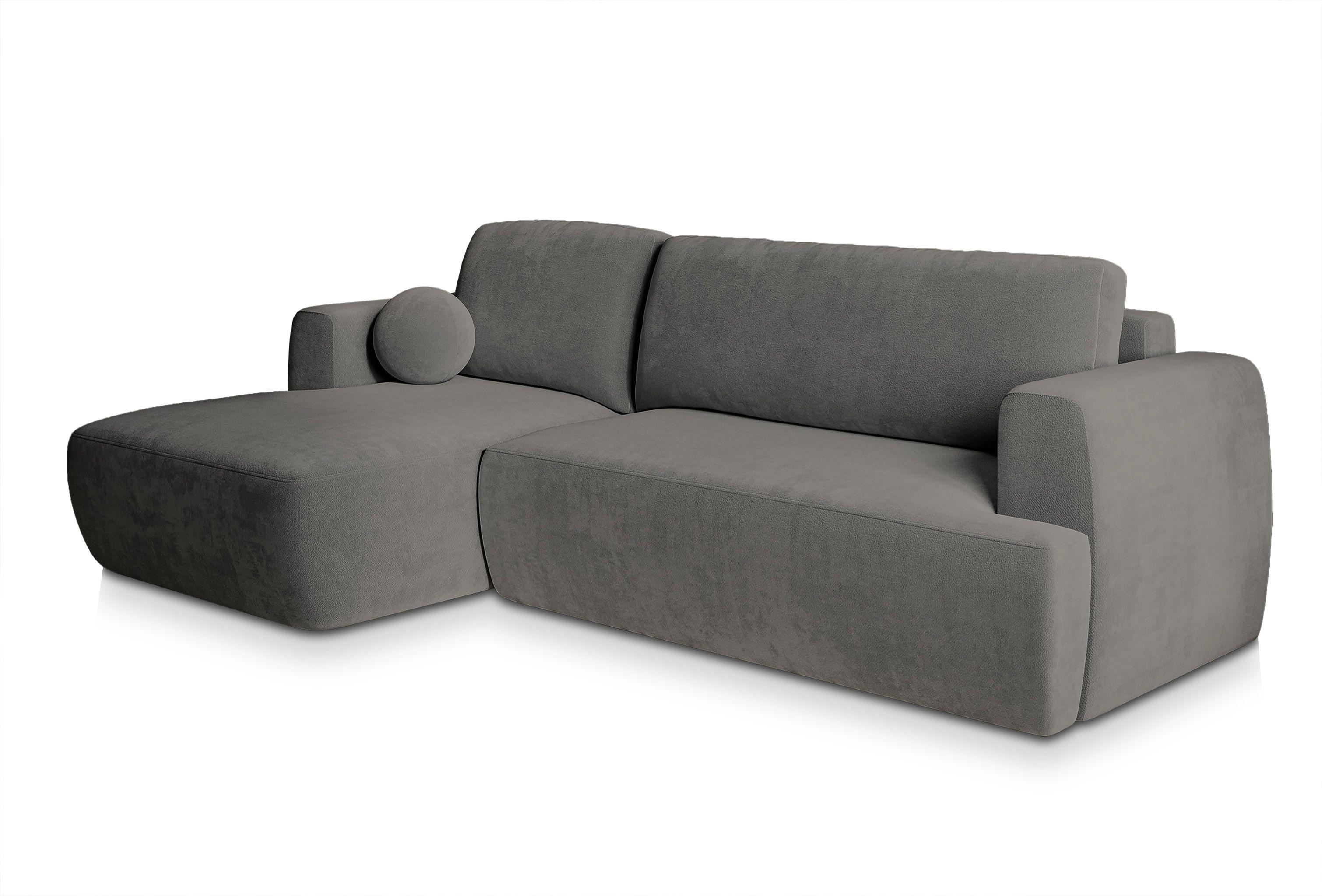 ECKSOFA SENTI K L-S Grau Plüsch-Stoff mit Schlaffunktion - Schwarz/Grau, Holz/Kunststoff (246/148cm) - MASSENO
