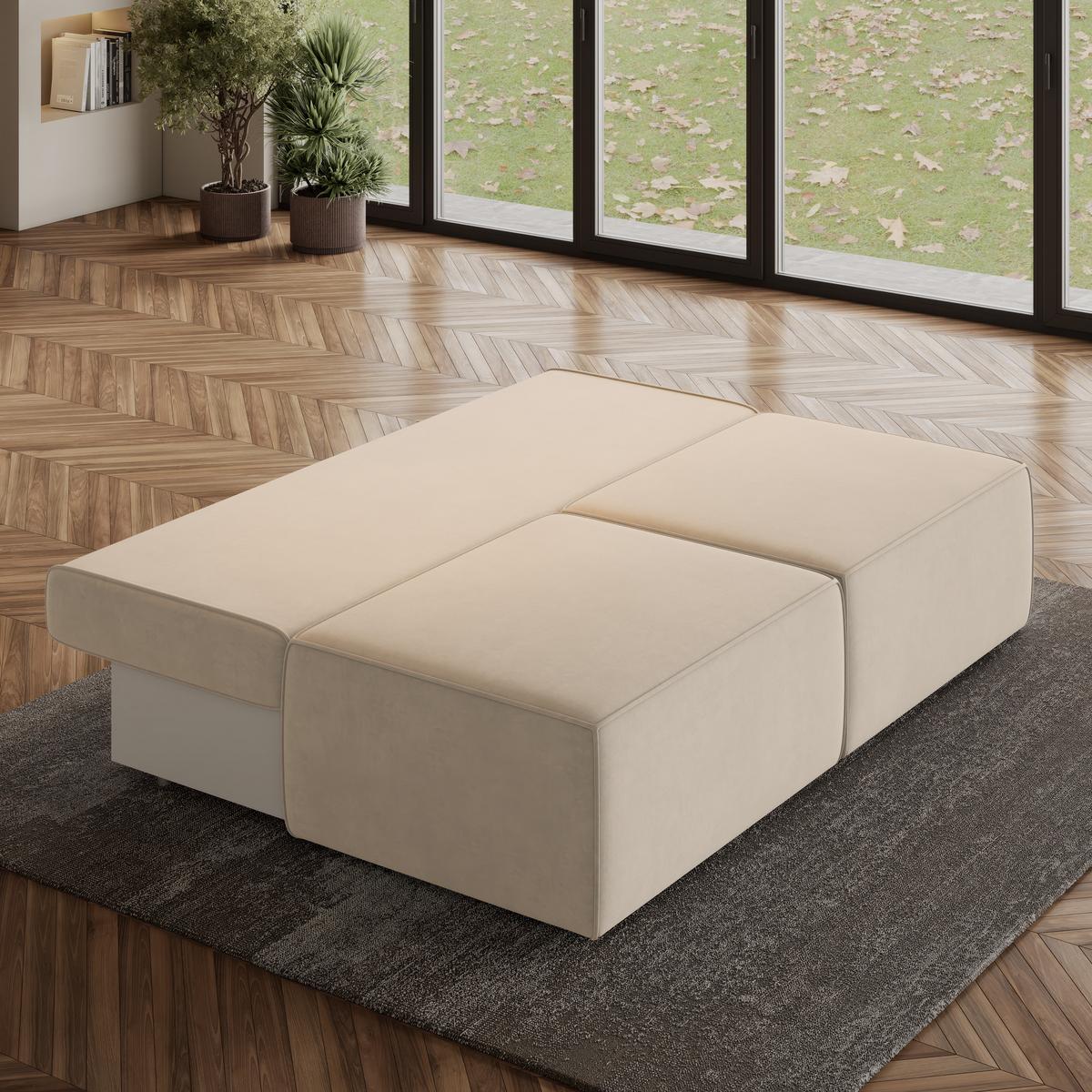 ECKSOFA VARNA M Creme Velours-Stoff mit Schlaffunktion - Creme/Grau, Holz/Kunststoff (196/158cm) - MASSENO