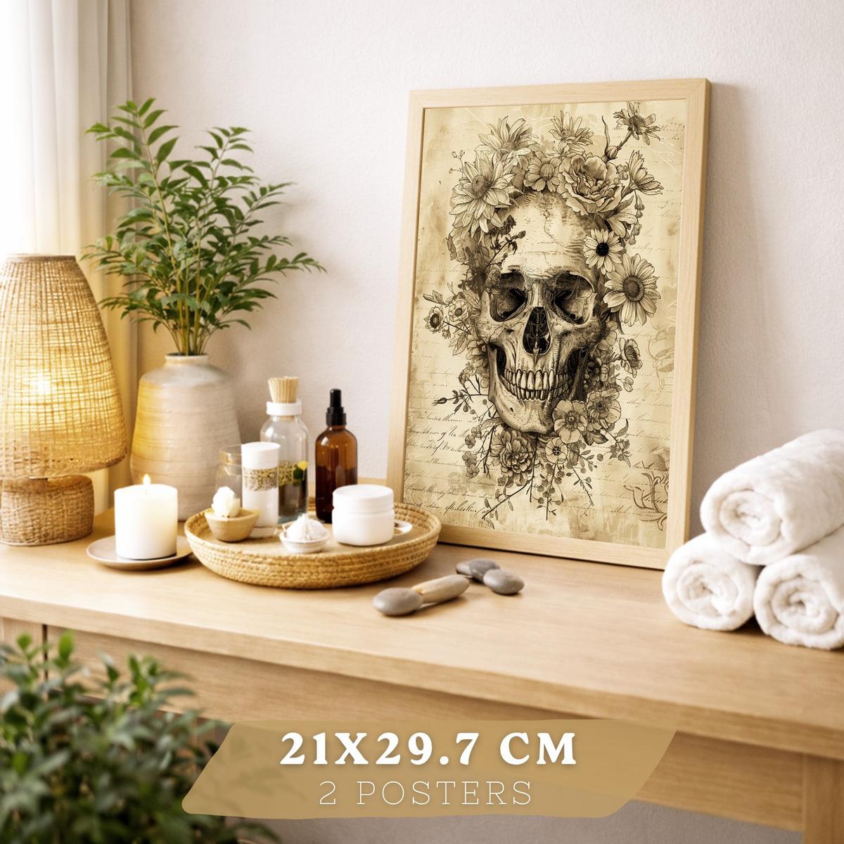 POSTER Set aus 2 Anatomie Mensch Drucke und Wandbilder mit Schädel Wirbelsäule Rippen Becken Klassisches Vintage Design Größe Leichter Holzrahmen A4 - Beige, Papier (21/29.7/3cm) - Nacnic