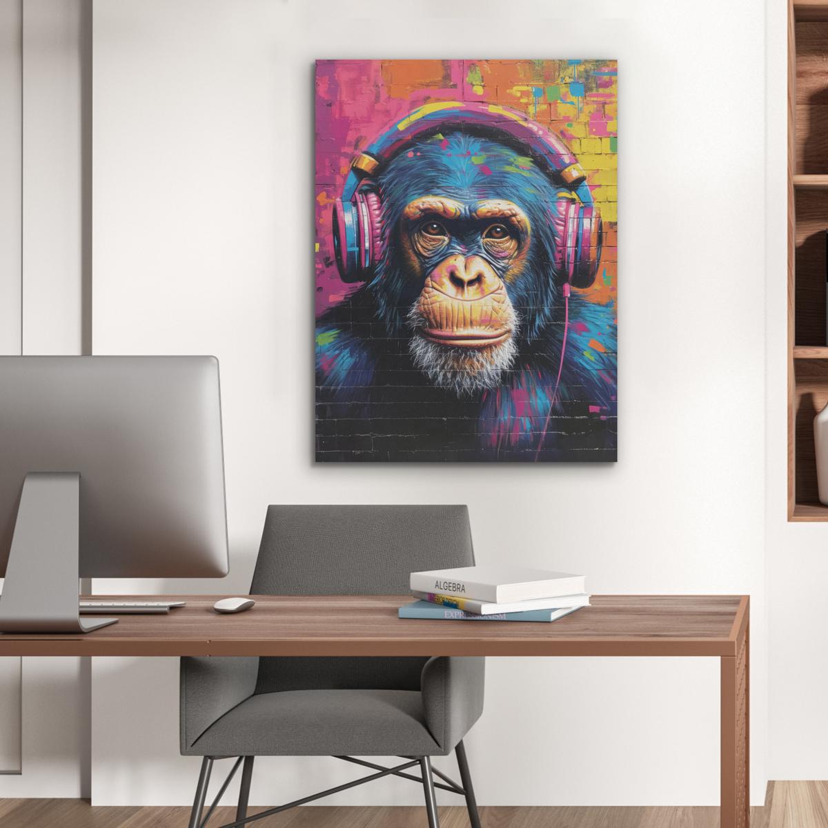 AKUSTIKBILD Graffiti - Schimpanse - Straßenkunst - Kopfhörer - Affe Wandbilder 60x80 cm - Blau, Kunststoff (60/80/0.9cm) - MuchoWow