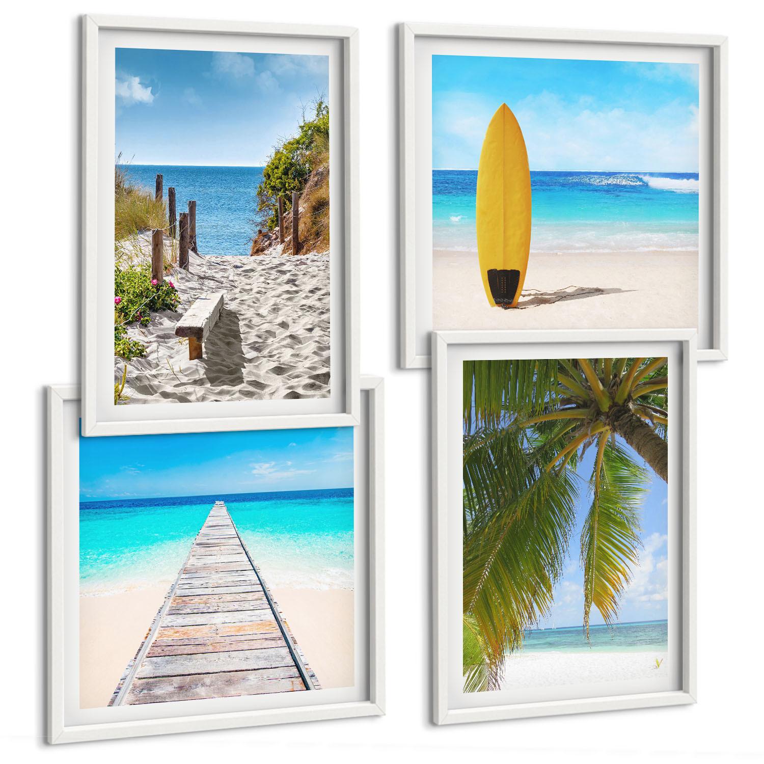 BILDER SET 4er Set - 50x50 cm & 40x60 cm Weißer Rahmen - Urlaubsblick Strand Palmen - Weiß, Kunststoff (50/50cm) - TULUP