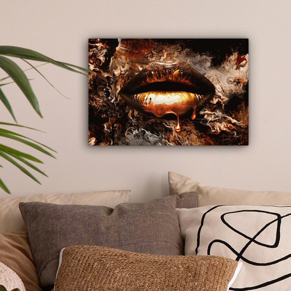 LEINWANDBILD Gold - Lippen - Kunst - Gold - Luxus - Abstrakt Deko Schlafzimmer 30x20 cm - Kupferfarben, Textil (30/20cm) - MuchoWow