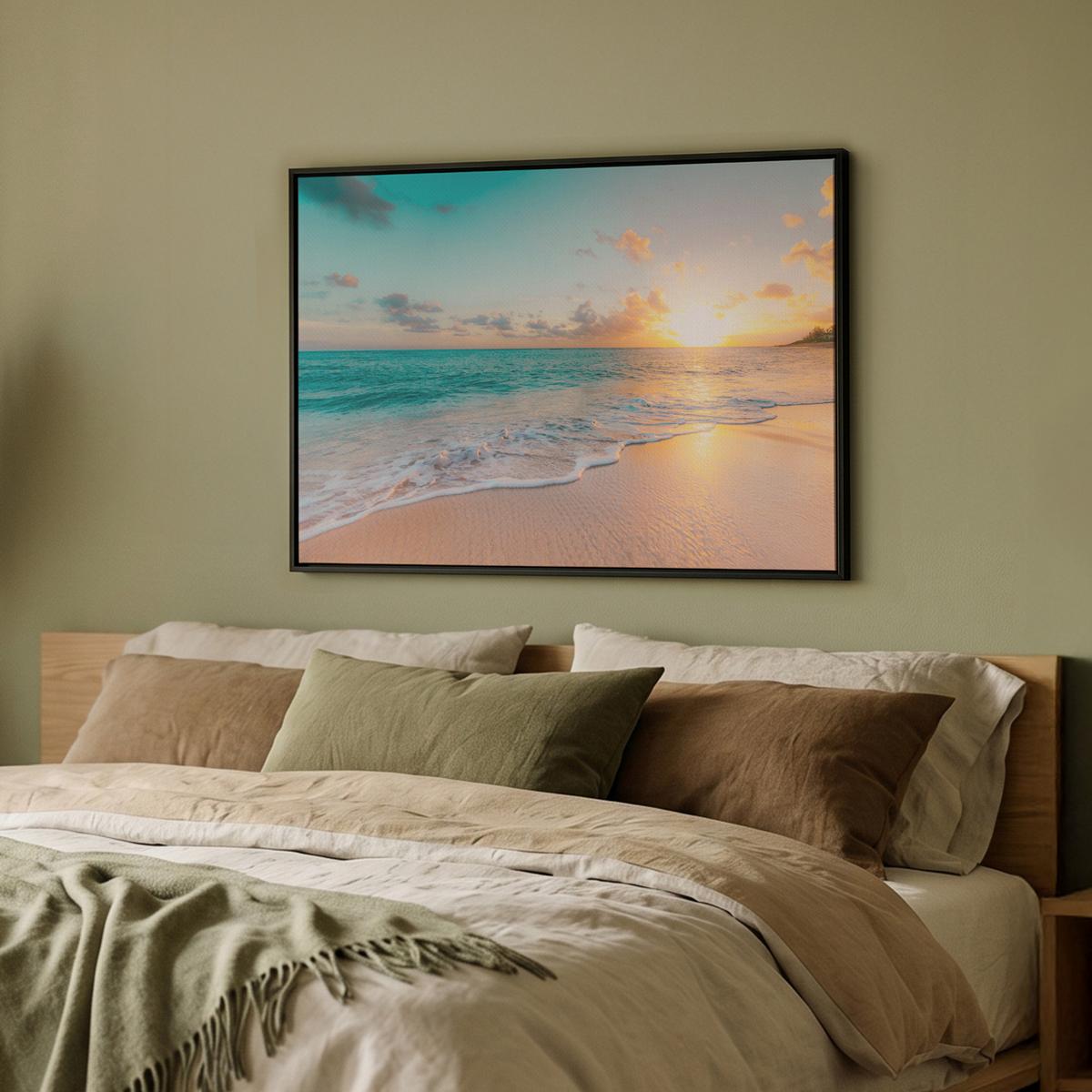 LEINWAND Bilder mit Rahmen - Sonnenuntergang - Strand - Meer - Sommer - Blau - 80x60 - Multicolor, Textil (80/60cm) - MuchoWow