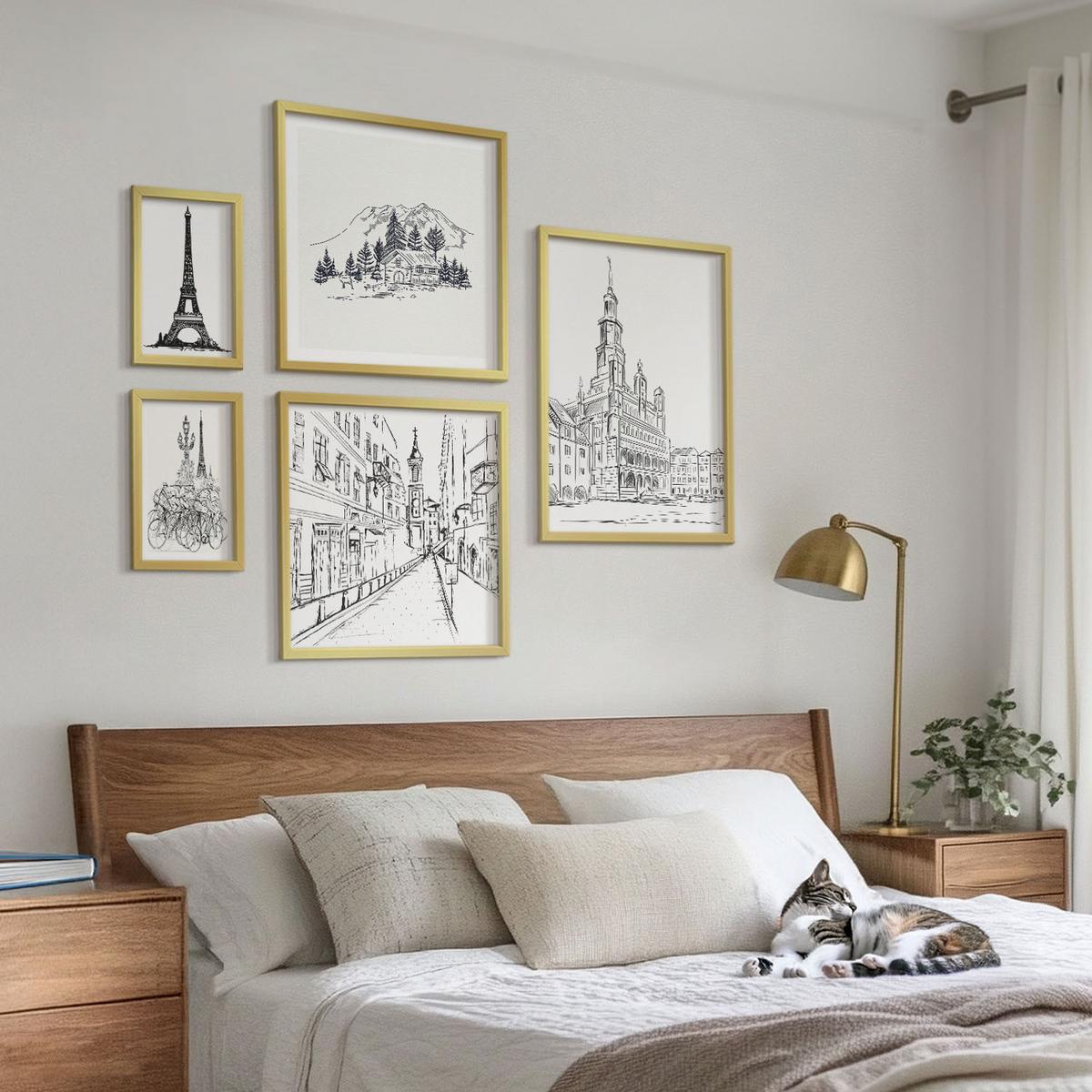BILDER SET 5er Set - 50x50 cm & 20x30 cm & 40x60 cm Goldrahmen - Abstrakte Gemäldekompositionen - Goldfarben, Kunststoff (40/60cm) - TULUP