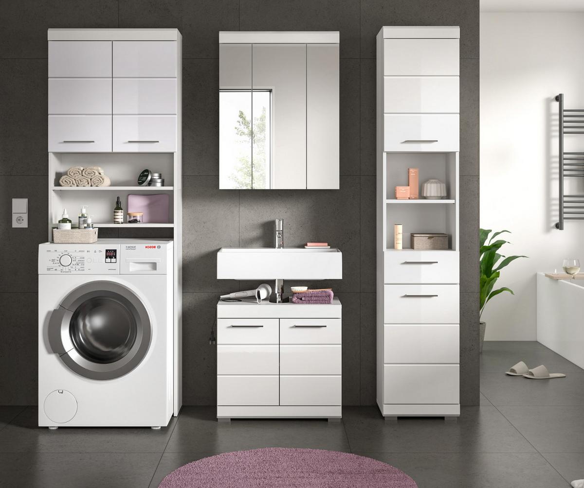 WASCHMASCHINENSCHRANK weiß Hochglanz 63 x 191 cm, Überbau mit 6 Fächern - Weiß Hochglanz/Silberfarben, Holzwerkstoff/Kunststoff (63/191/24cm) - Inn.Furn