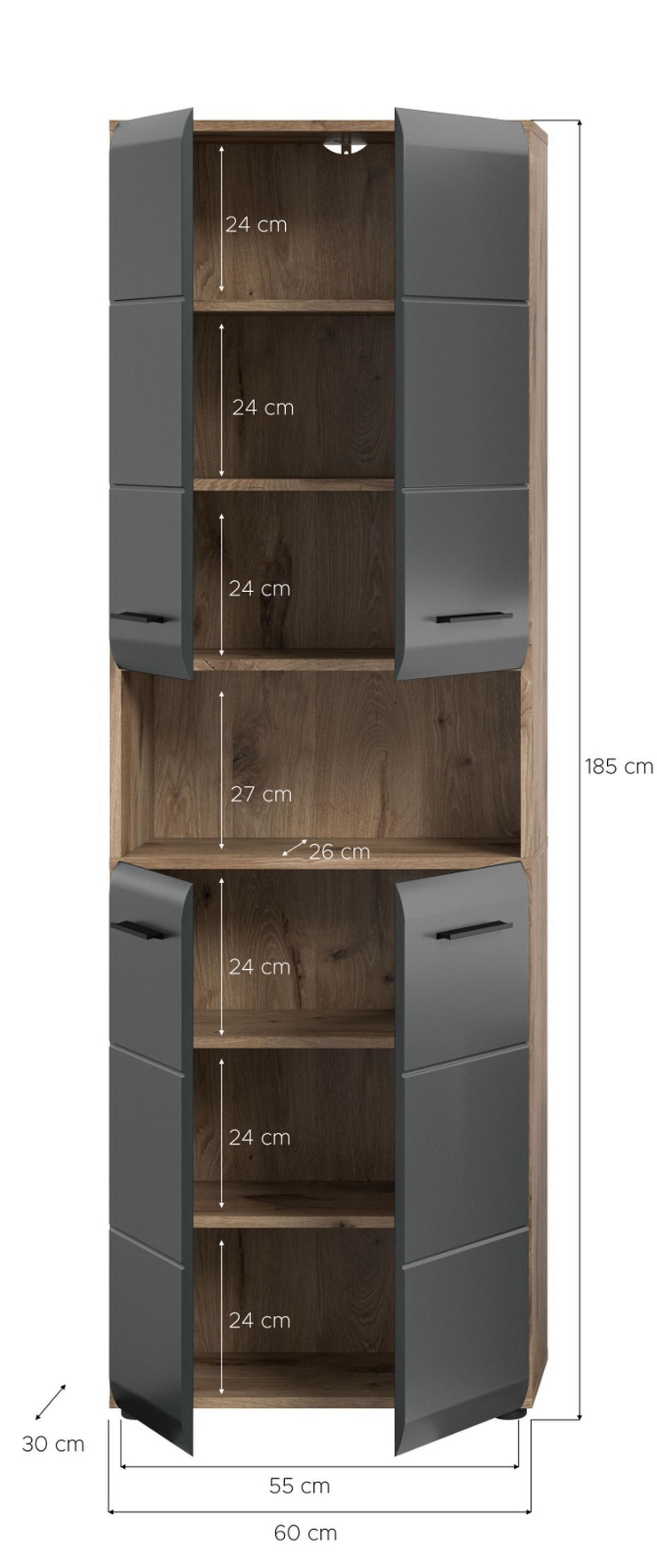HOCHSCHRANK schwarz matt, Eiche, Badschrank 4-türig, 60 x 185 cm - Eichefarben/Schwarz, Holzwerkstoff/Kunststoff (60/185/30cm) - Inn.Furn