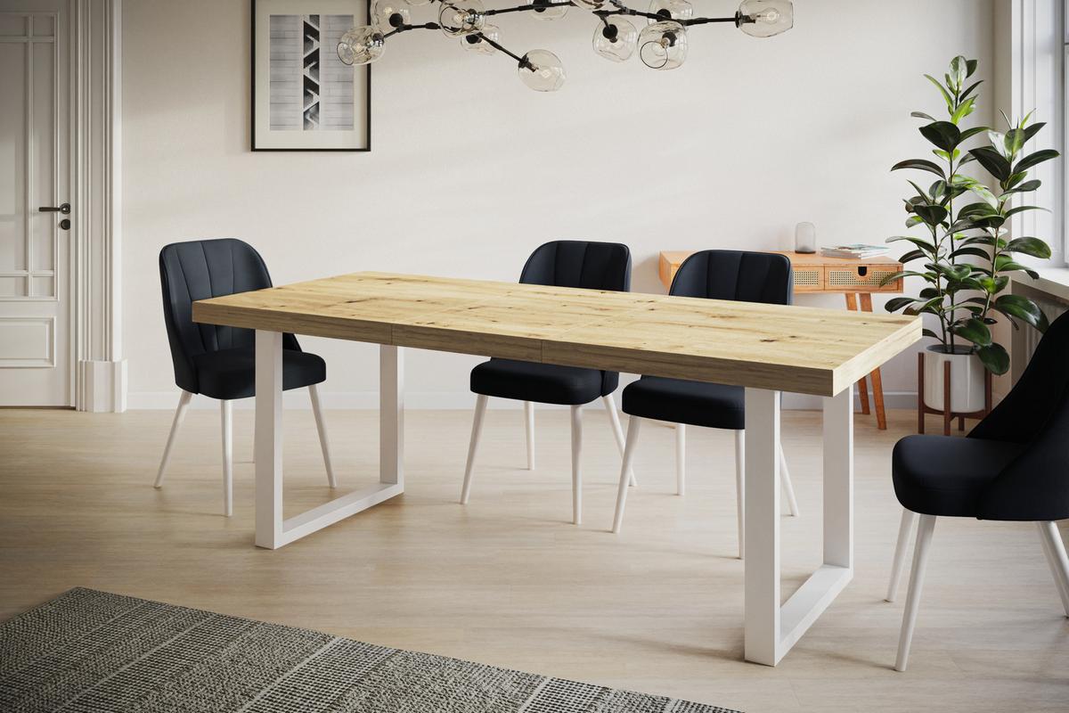 INDUSTRIELLER Esszimmertisch LOFT-U, ausziehbarer Tisch, Größe: 180-280X90X77 cm, Wohnzimmertisch Farbe: ARTISAN, mit Metallbeinen in Farbe Weiß - Hellbraun/Weiß, Holzwerkstoff (180/90/77cm) - Alpi-Möbel