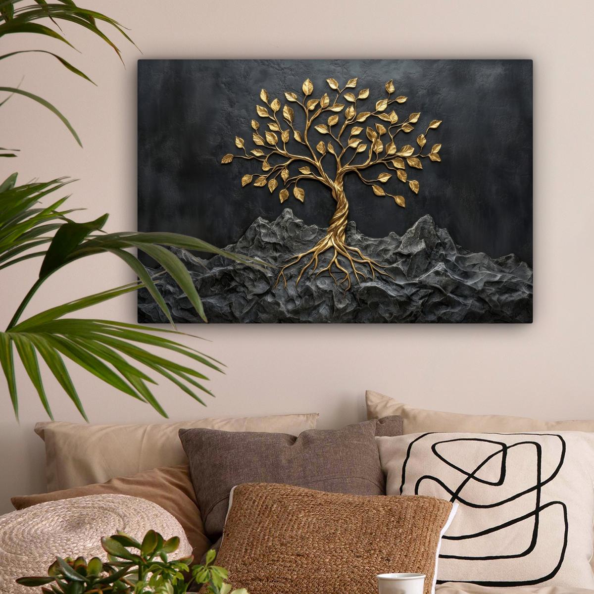 LEINWANDBILD Blätter - Gold - Baum - Fels Gemälde 60x40 cm - Schwarz, Textil (60/40cm) - MuchoWow