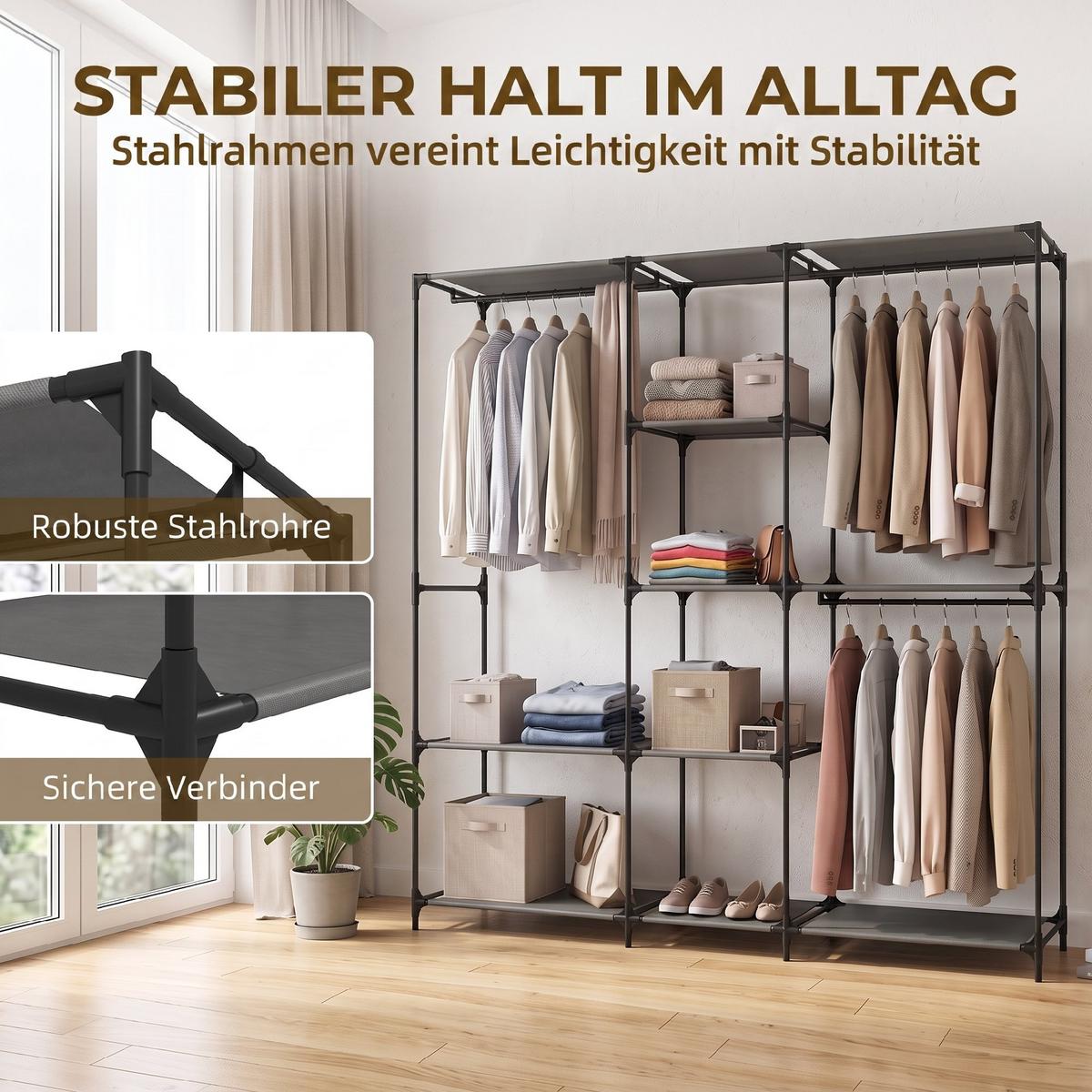 TEXTIL-KLEIDERSCHRANK Vliesstoff 100 Polyester Stahl Schwarz - Schwarz, Textil (43/182/182cm) - HOMCOM