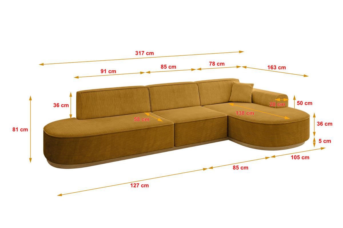ECKSOFA Ottomane Rechts MARI-L2-v2 - 328x171x83 cm Senfgelb Cord - Gelb, Holzwerkstoff/Textil (171/328cm) - ALTDECOR