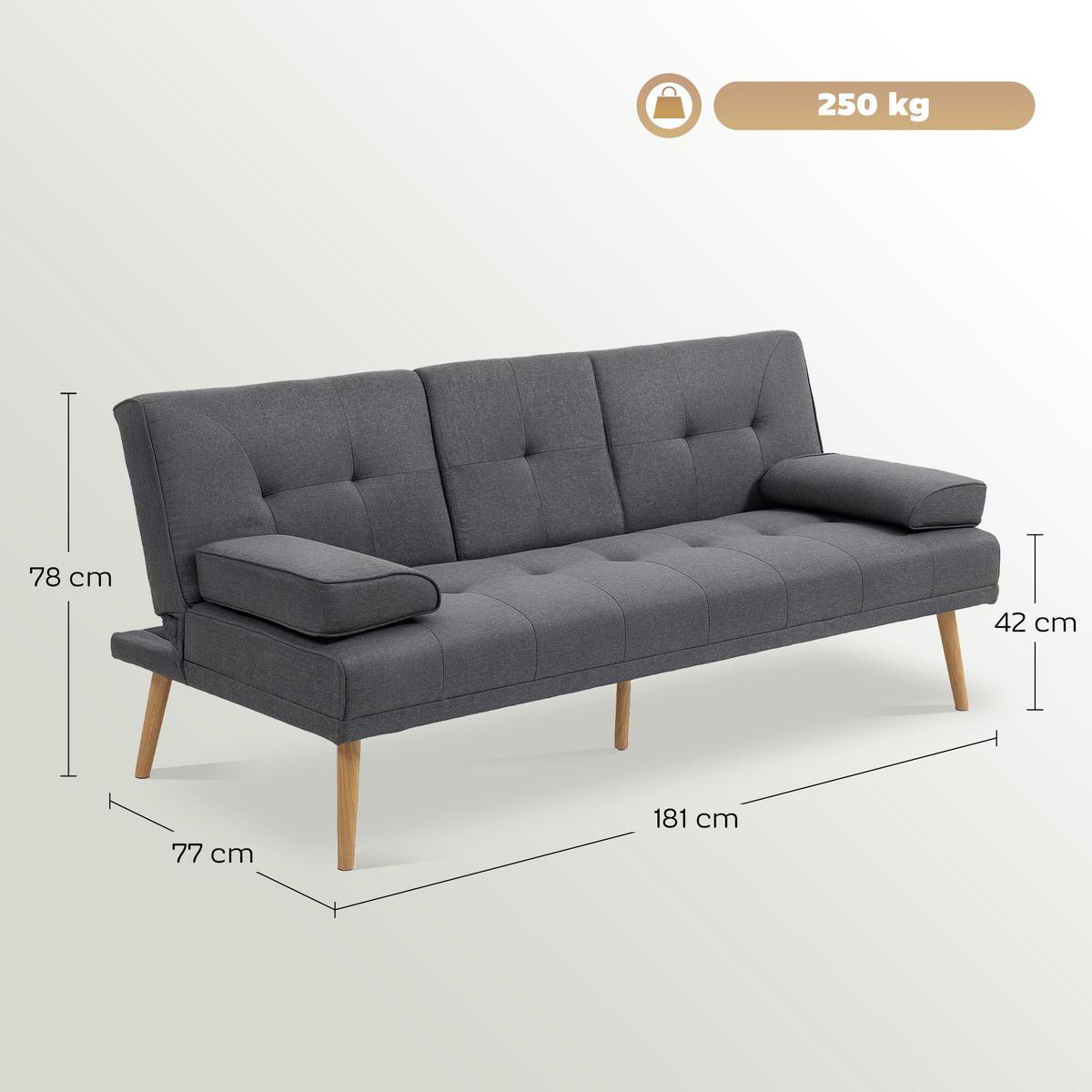 SCHLAFSOFA 3-Sitzer-Sofa Bettsofa mit Klappbarem Tisch Stoffsofa mit Leinenoptik - Dunkelgrau/Naturfarben, Holz/Textil (77/78/181cm) - HOMCOM