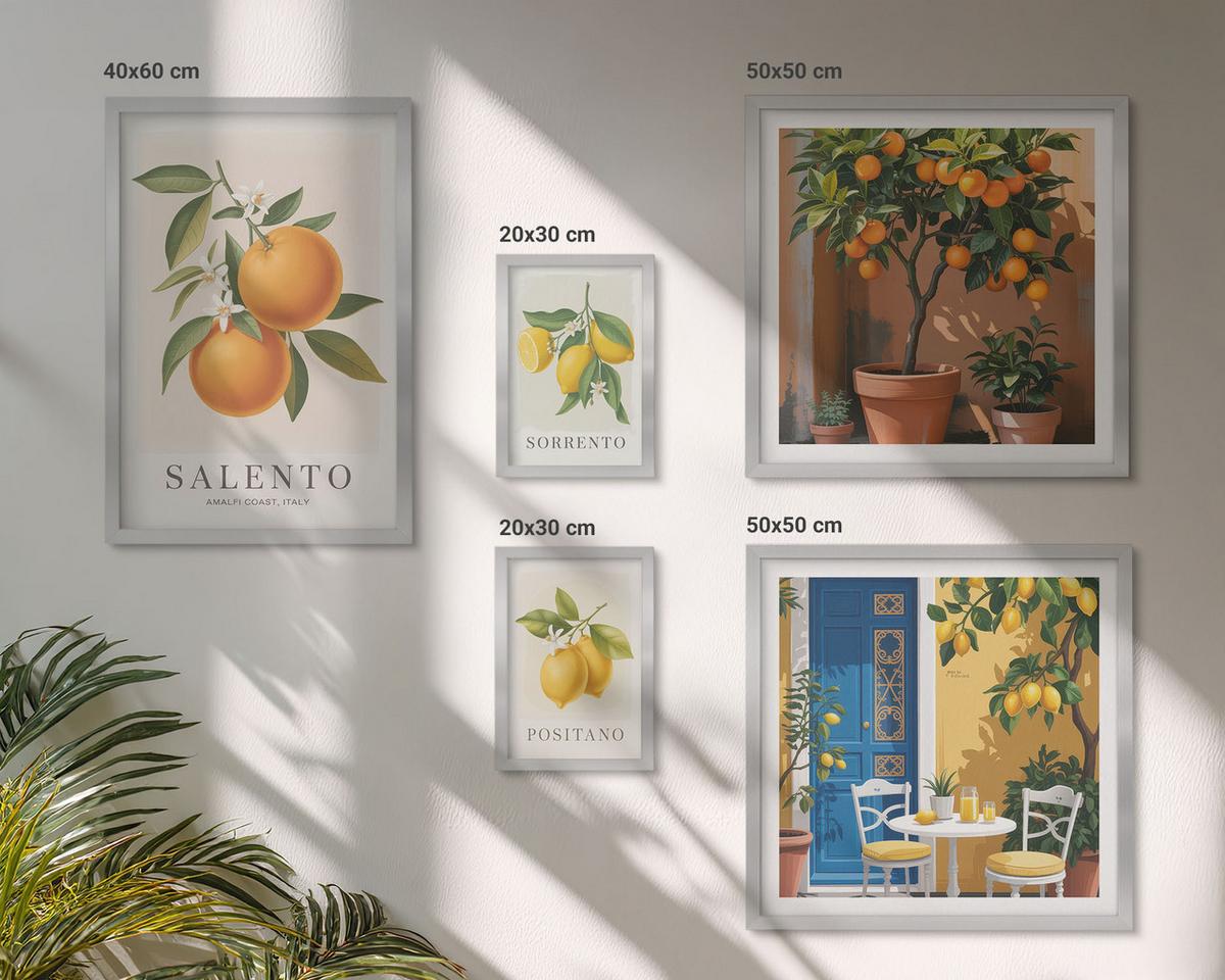 BILDER SET 5er Set - 50x50 cm & 20x30 cm & 40x60 cm Silberner Rahmen - Zitronenorange Blütenmuster - Silberfarben, Kunststoff (40/60cm) - TULUP