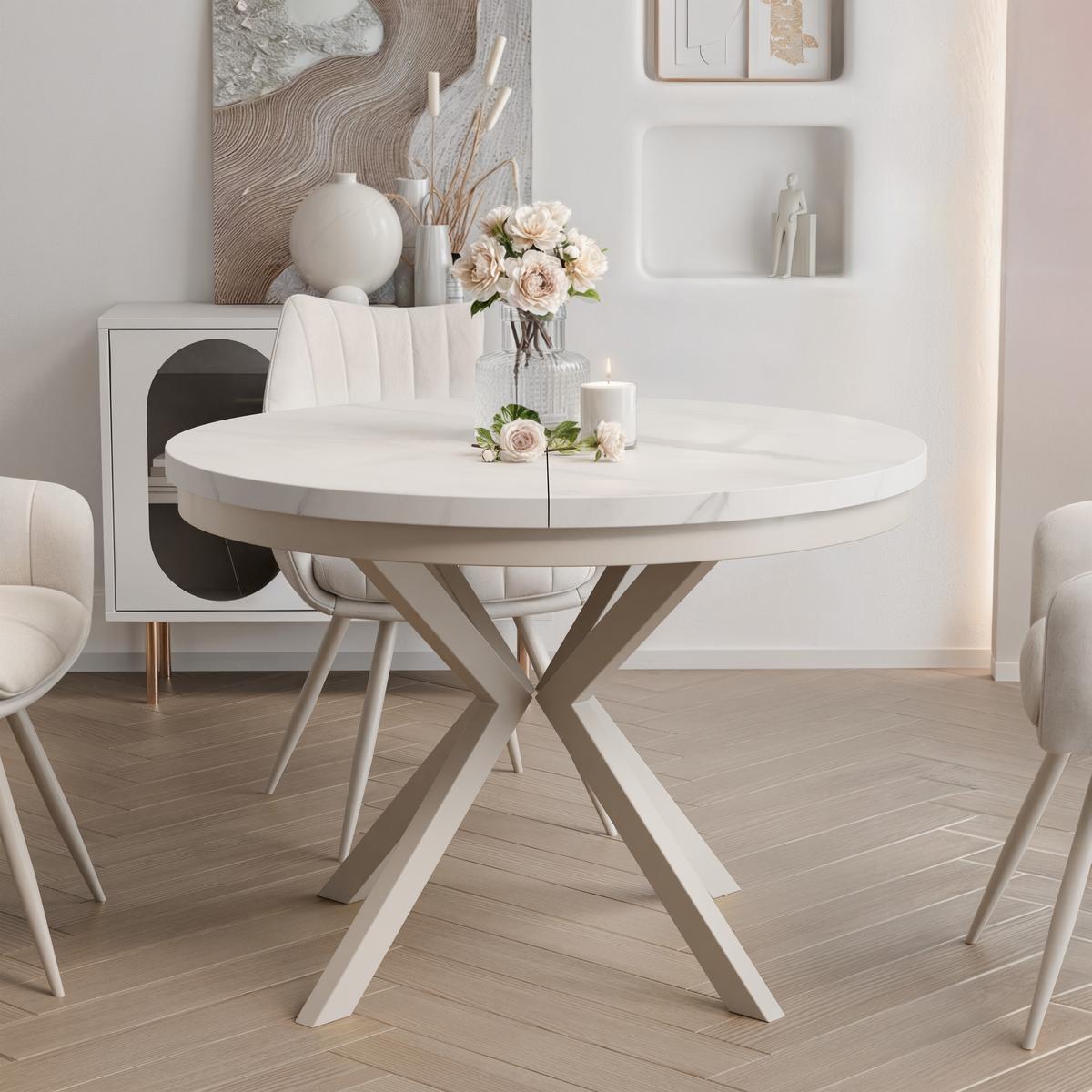 AUSZIEHTISCH MILTON 90-166/76 cm mit Metallgestell und Zarge, Kaschmir / Bianco Marmor - Kaschmir/Perlmutt, Holzwerkstoff/Metall (90/90/76cm) - Idohome
