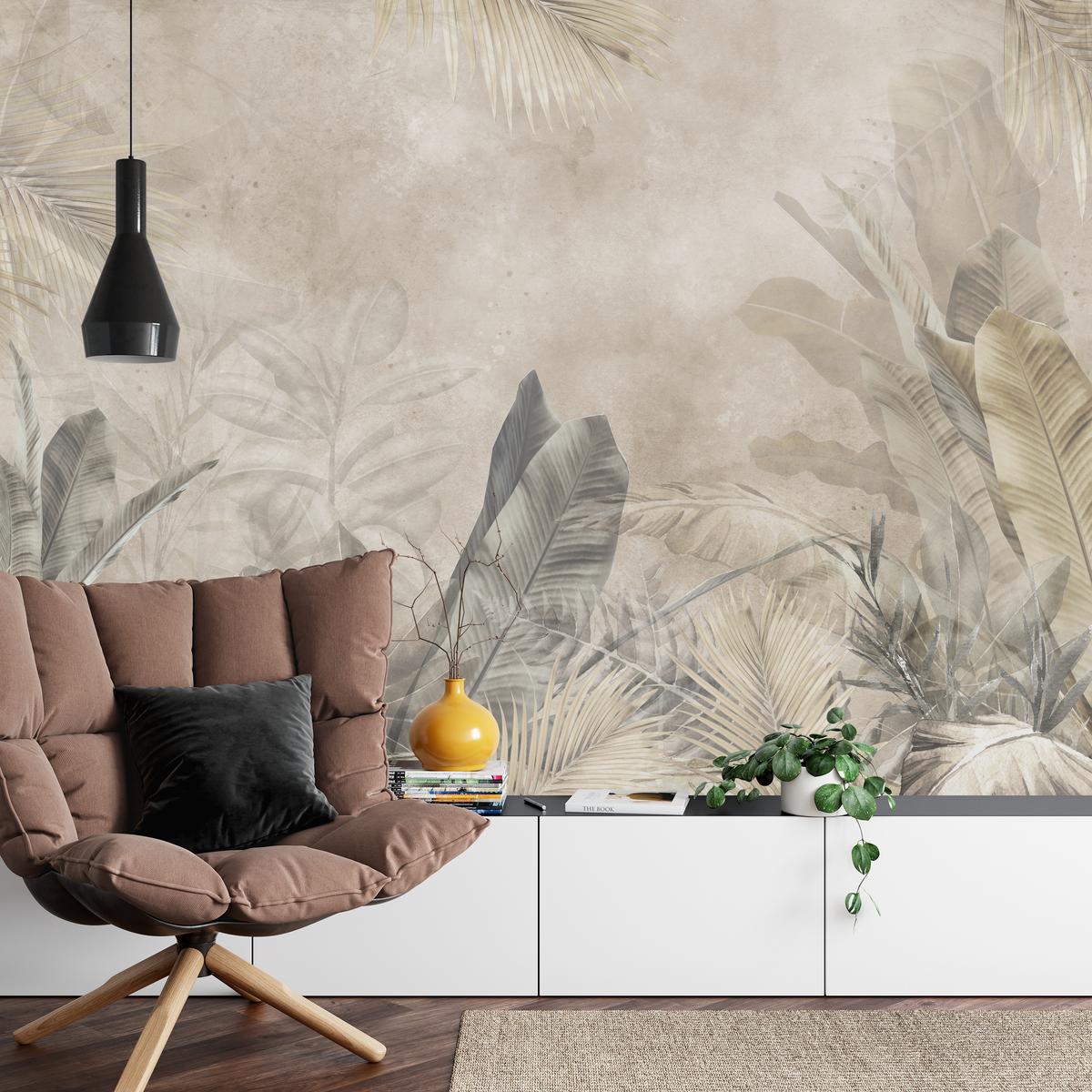 FOTOTAPETE für Schlafzimmer Bananenblätter auf Beton Tropisch Beige 500x350 - Beige/Braun, Papier (500/350cm) - Muralo