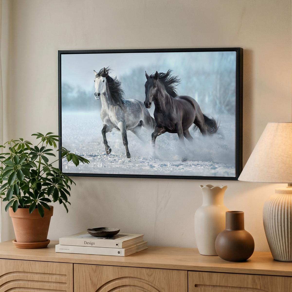 LEINWAND Bilder mit Rahmen - Pferde - Winter - Tiere - Natur - Schnee - 60x40 - Anthrazit, Textil (60/40cm) - MuchoWow