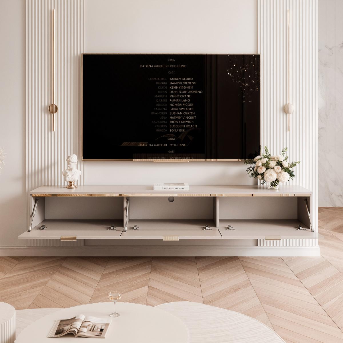 HÄNGENDER TV-Schrank SELIA 200 cm, Kaschmir mit goldener Zierleiste und Griffen, LED-Beleuchtung - Kaschmir, Holzwerkstoff (200/28.5/35cm) - Idohome