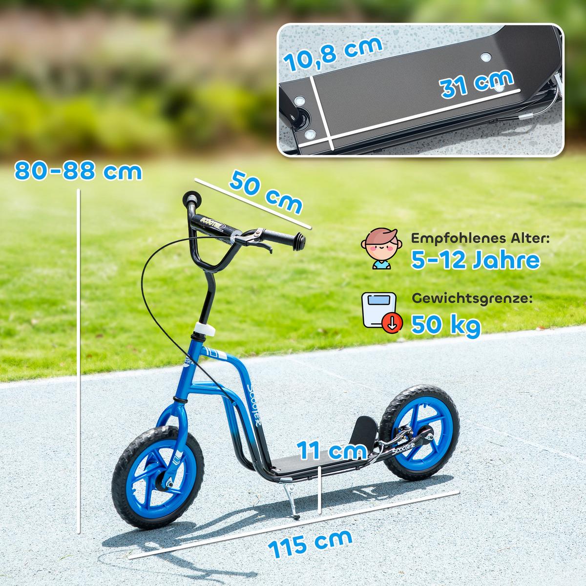 ROLLER Kinder Tretroller Kickscooter mit verstellbarem Lenker 12 Zoll Räder Blau - Blau, Kunststoff (115/50/88cm) - AIYAPLAY
