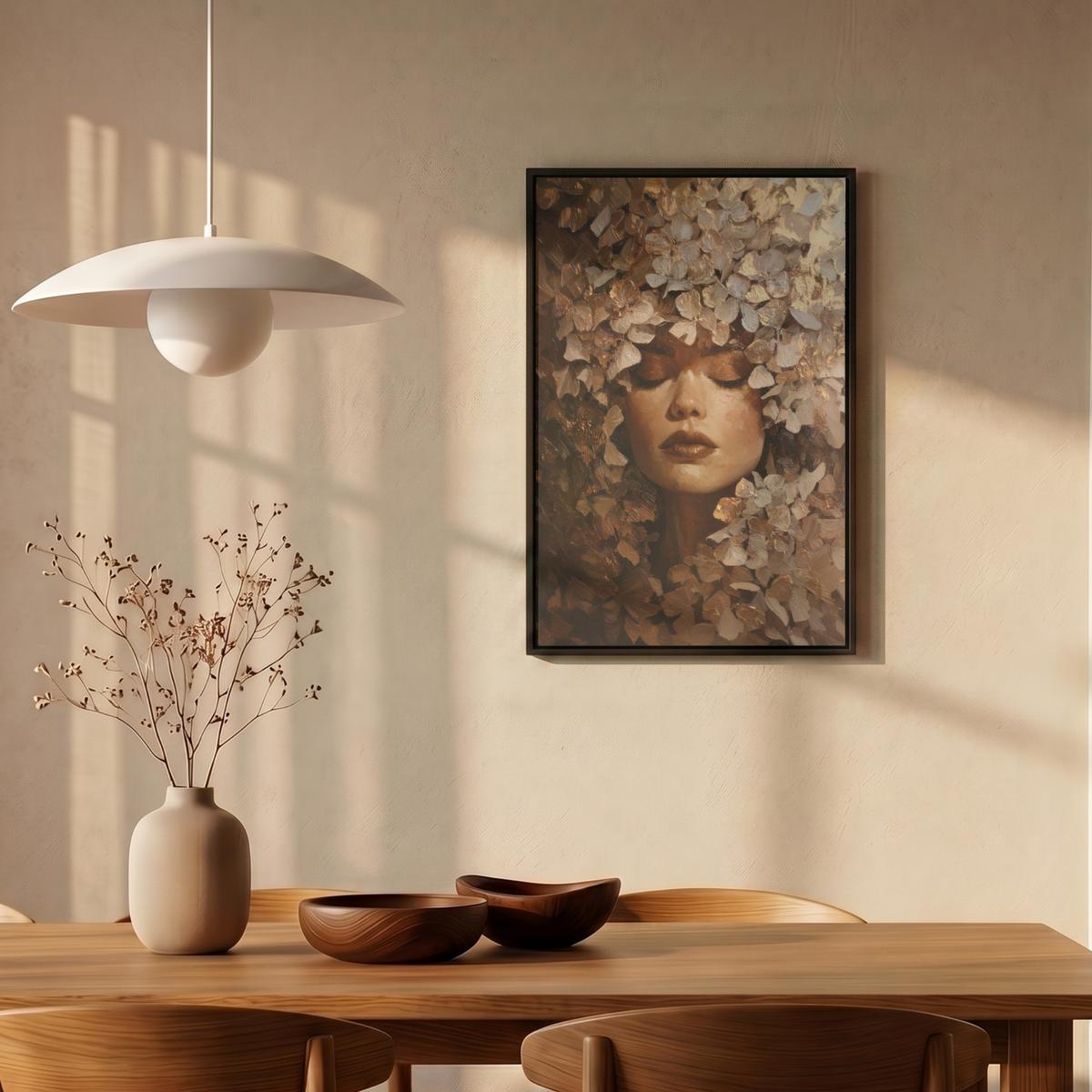 LEINWAND Bilder mit Rahmen - Gesicht - Dame - Blätter - Pinselstriche - 40x60 - Goldfarben, Textil (40/60cm) - MuchoWow