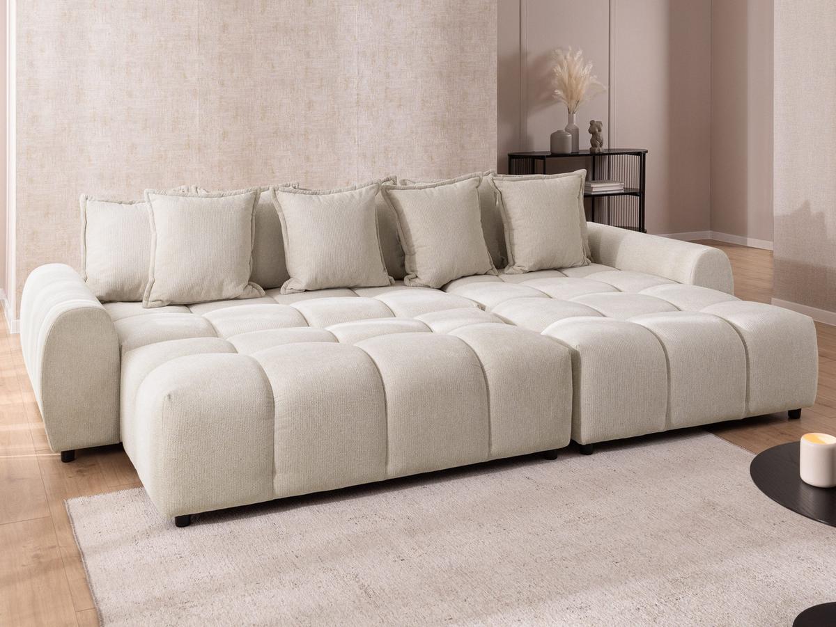 ECKSOFA inkl. Hocker Bubble mit Schlaffunktion und losen Rückenkissen, Sitzfläche Bubble-Optik aus weichem Hellbeige Strukturstoff - Ottomane Rechts - Beige/Schwarz, Holz/Kunststoff (306/180cm) - S-Style