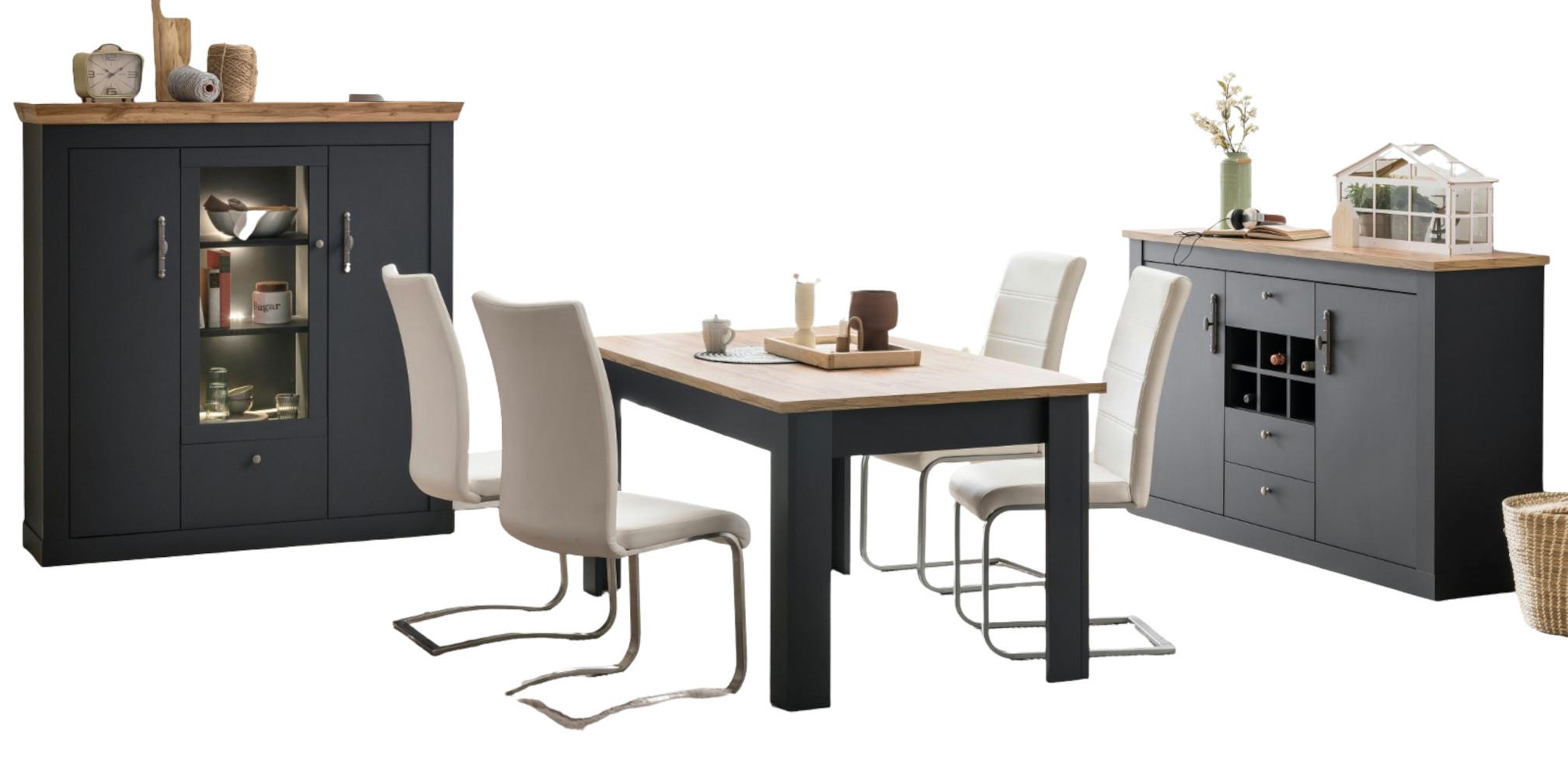 ESSZIMMER-SET 3-teilig grau, Eiche Wotan, Landhaus, Speisezimmer mit Soft-Close - Silberfarben/Eiche Wotan, Glas/Holzwerkstoff (146/169/90cm) - Furn.Design