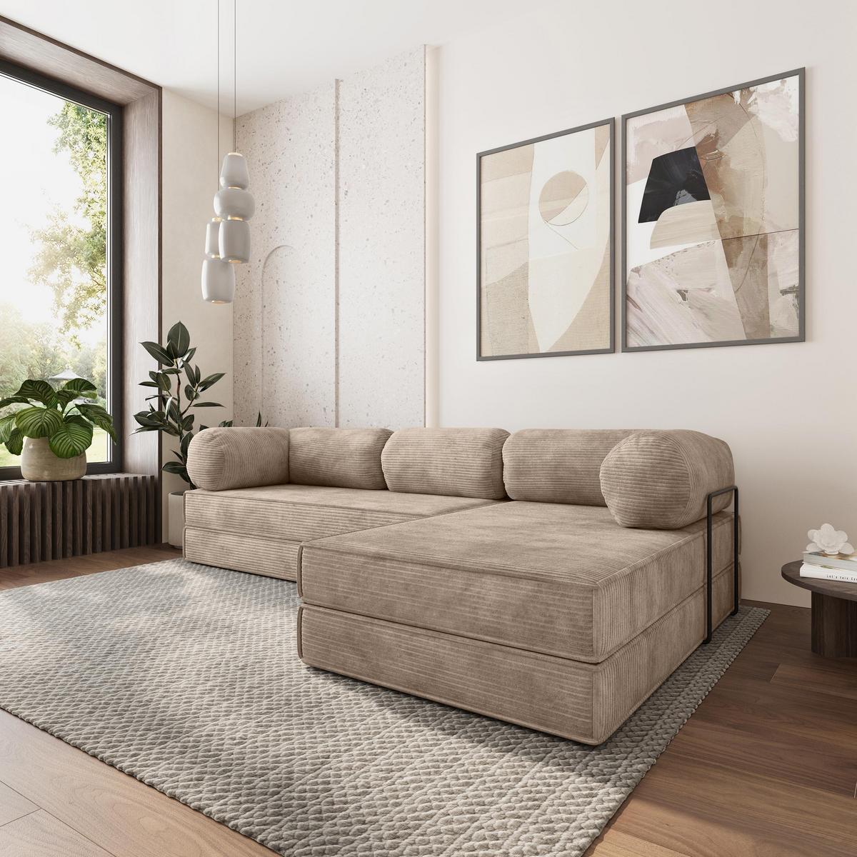 ECKSOFA ETERA modulares Boneless Sofa mit Schlaffunktion Beige Kordstoff - Beige, Textil (270/160cm) - MASSENO