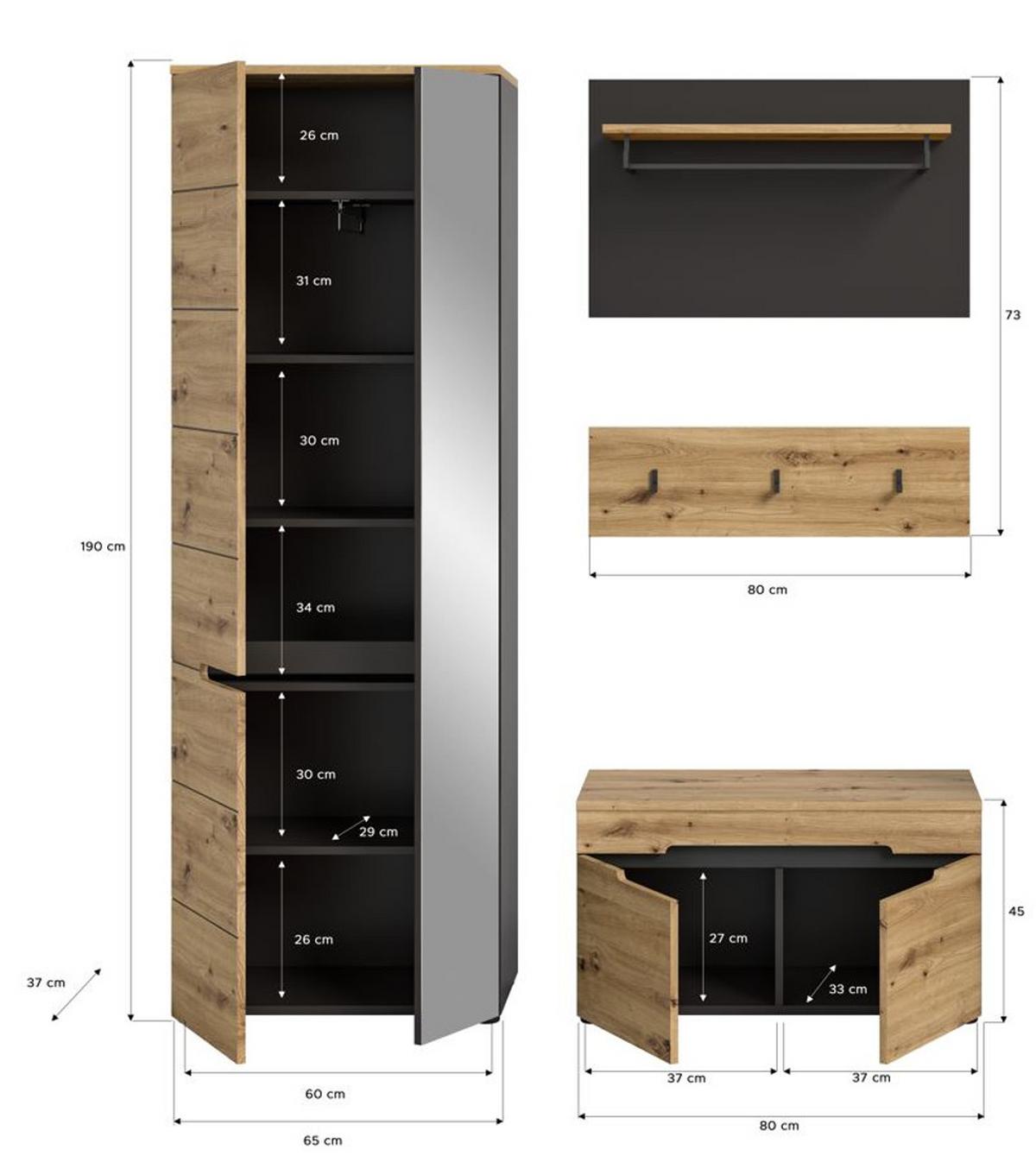 GARDEROBE Set 4-teilig Eiche Artisan und grau 160 cm, mit Soft-Close - Schwarz/Eiche Artisan, Glas/Holzwerkstoff (160/190/37cm) - Inn.Furn
