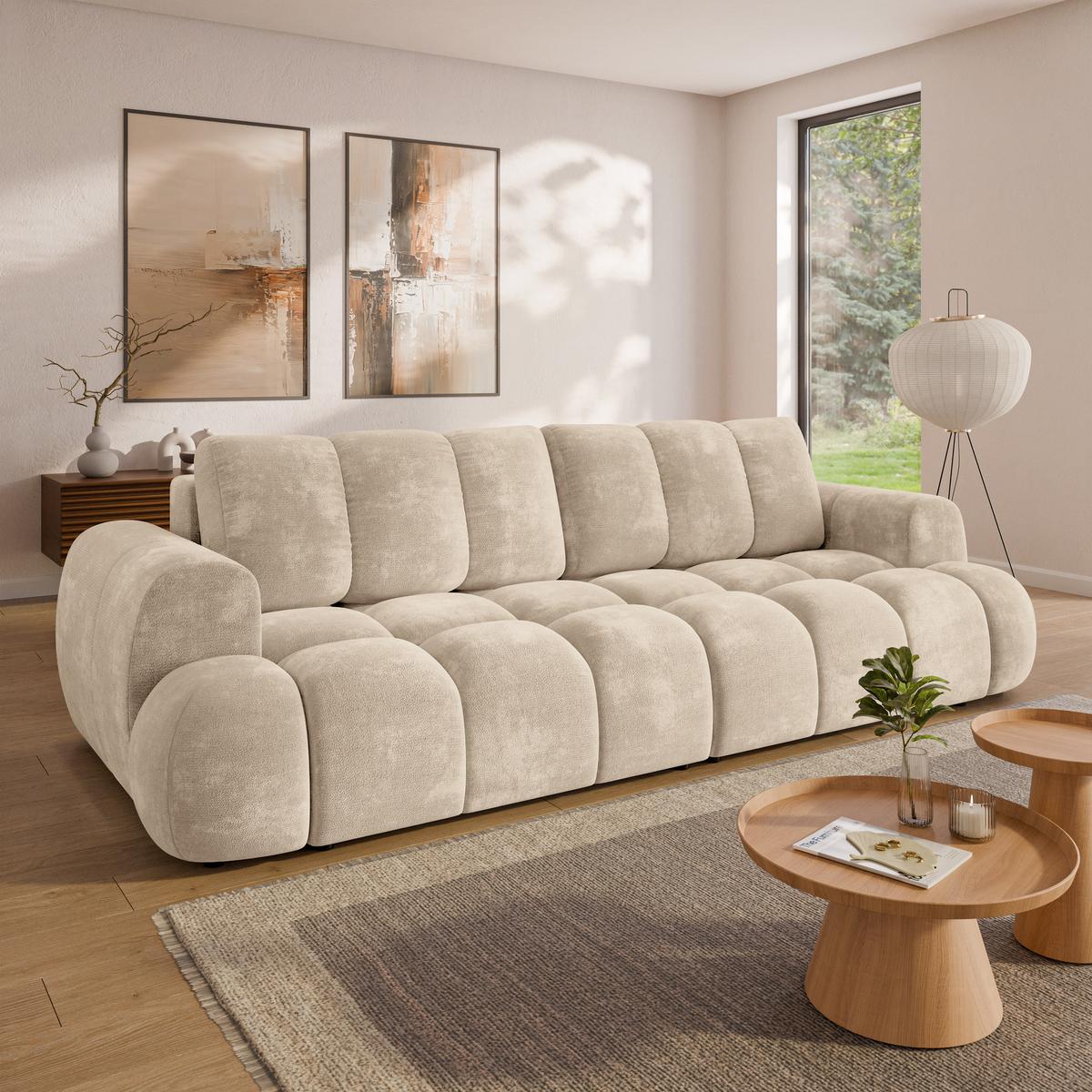 BETTSOFA DAFNE Creme Chenille-Stoff mit Schlaffunktion - Creme, Textil (300/88/113cm) - MASSENO