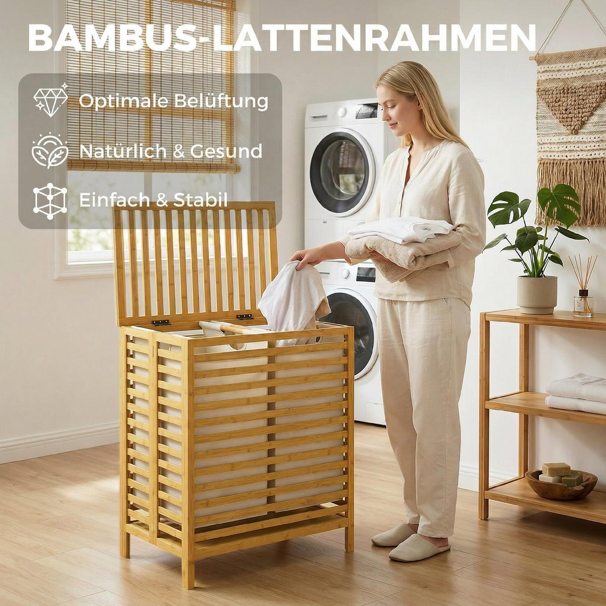 WÄSCHEKORB Bambus Polyester Naturholz Cremeweiß - Naturfarben, Holz/Bambusholz (36/64.2/55cm) - HOMCOM