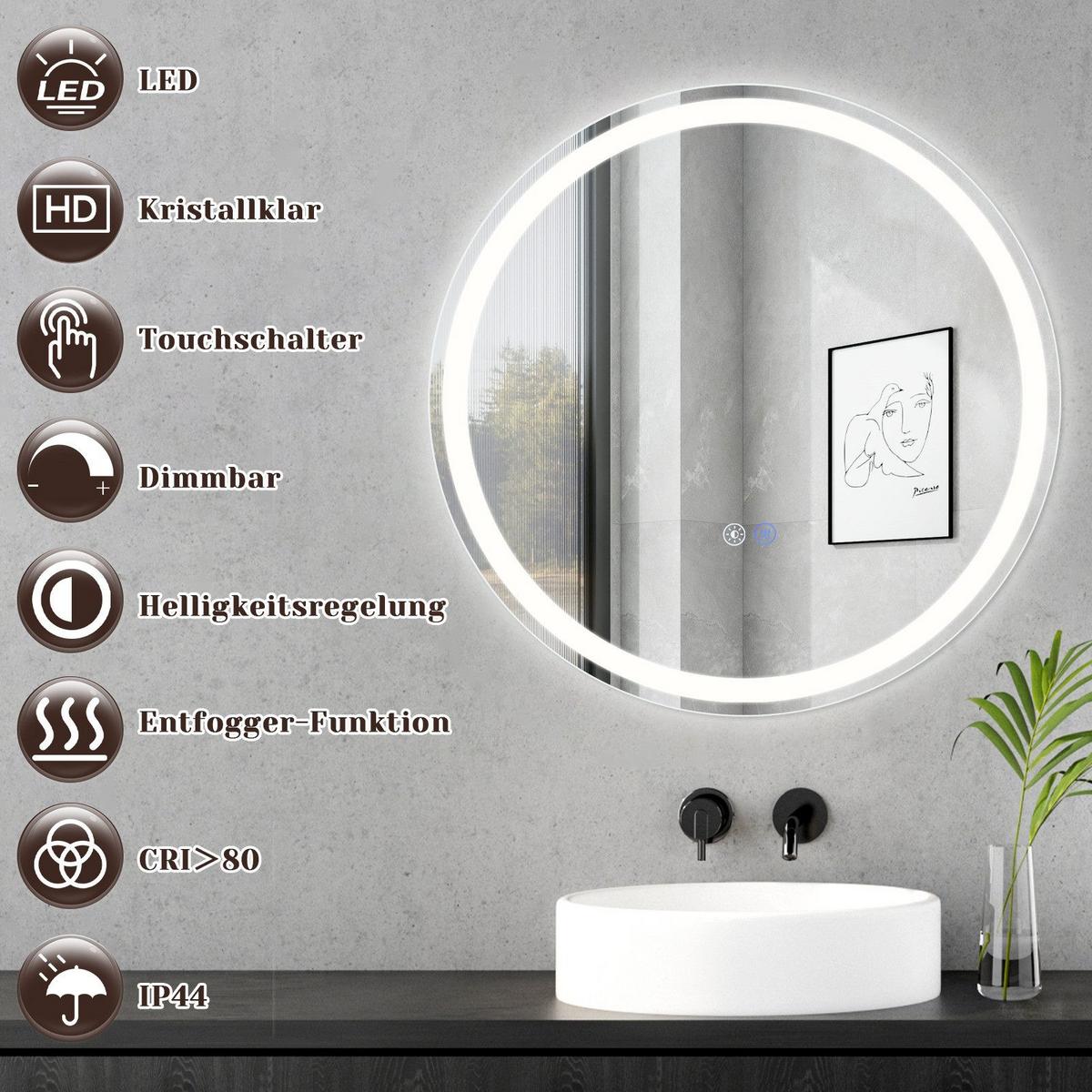BADEZIMMERSPIEGEL Mainz mit LED-Leuchte Ø70 cm - Weiß, Glas (70/2.5/70cm) - Nettlife