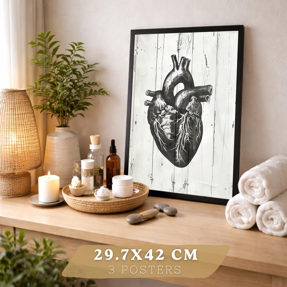 POSTER Set aus 3 Anatomie Mensch Drucke und mit Gehirn Herz Lungen Luftröhre Bronchien Industrielles Schwarz Weiß Design Größe Schwarzer Rahmen A3 - Schwarz, Papier (29.7/42/3cm) - Nacnic
