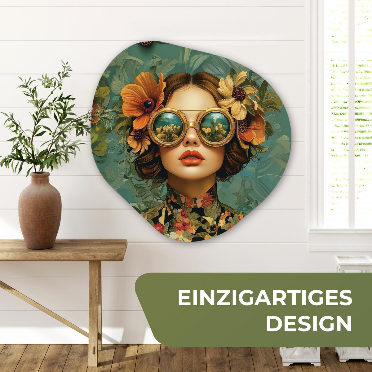 WANDBILD Frau - Blumen - Schmetterlinge - Natur - Vintage Room Decor 90x90 cm - Petrol, Kunststoff (90/90cm) - MuchoWow