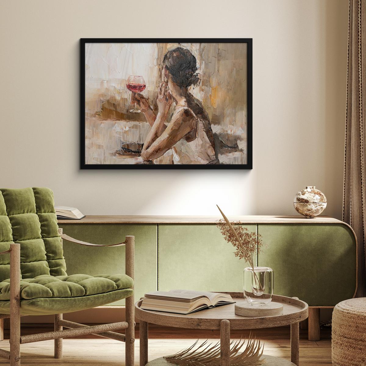 POSTER MIT RAHMENGERAHMTES BILD Ölgemälde - Frau - Wein 80x60 cm - Hellbraun, Papier (80/60cm) - MuchoWow