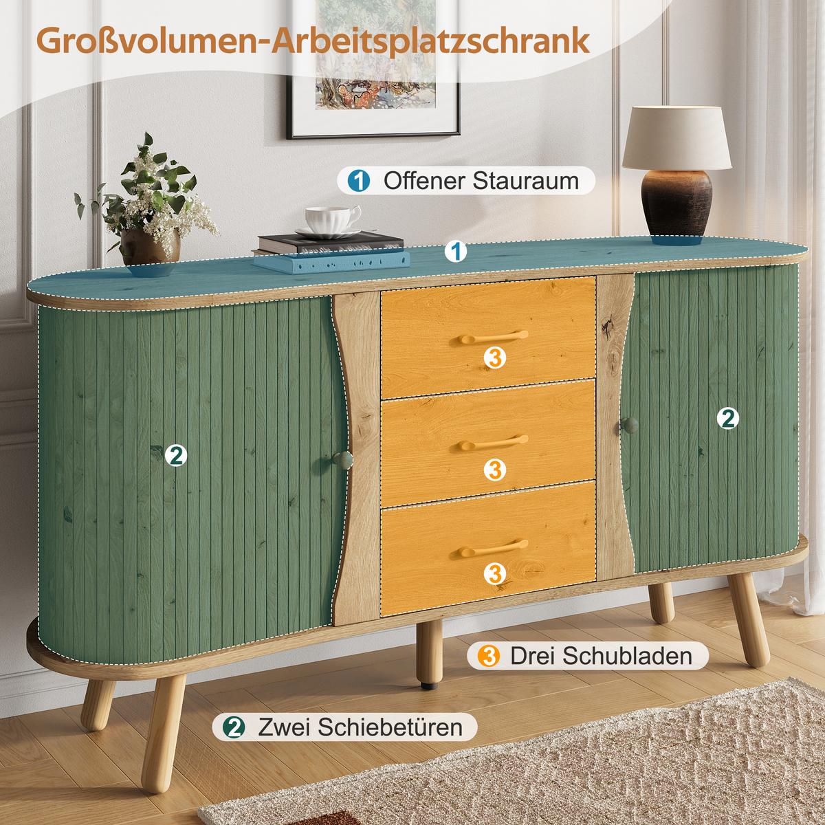 SIDEBOARD holzoptik & erbsenform 2 schiebetüren & 3 schubladen - Naturfarben, Holzwerkstoff (150/75/36.5cm) - Urban Meuble