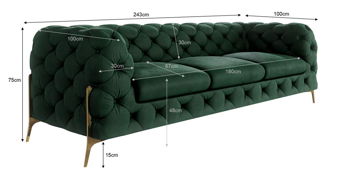 CHESTERFIELD-SOFA 3-Sitzer Lexi Flasche Grün Samt - Smaragdgrün/Goldfarben, Holz/Textil (243/75/100cm) - S-Style Möbel