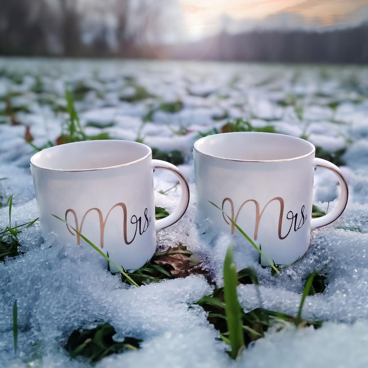 KAFFEETASSE mit Goldrand und Aufschrift Mrs & Mrs 300 ml (2-tlg.) - Weiß, Keramik (0.3L) - Intirilife