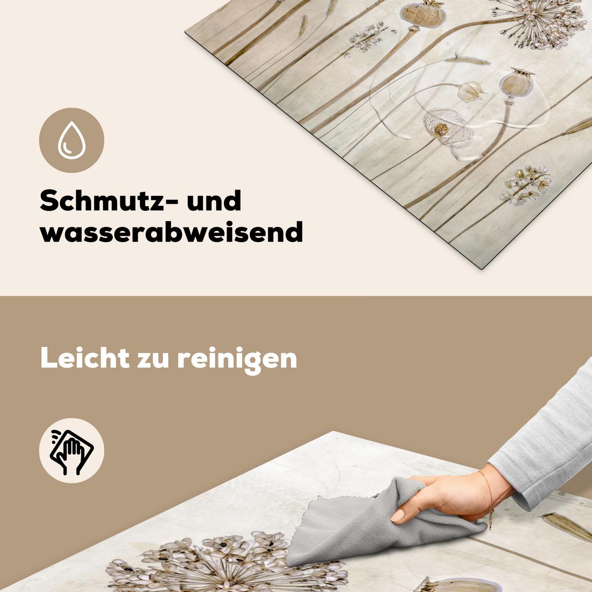 HERDABDECKPLATTE Blumen - Aquarell - Stilleben - Braun - Vintage Induktionsmatte 77x59 cm - Sandfarben, Kunststoff (77/59/0.2cm) - MuchoWow