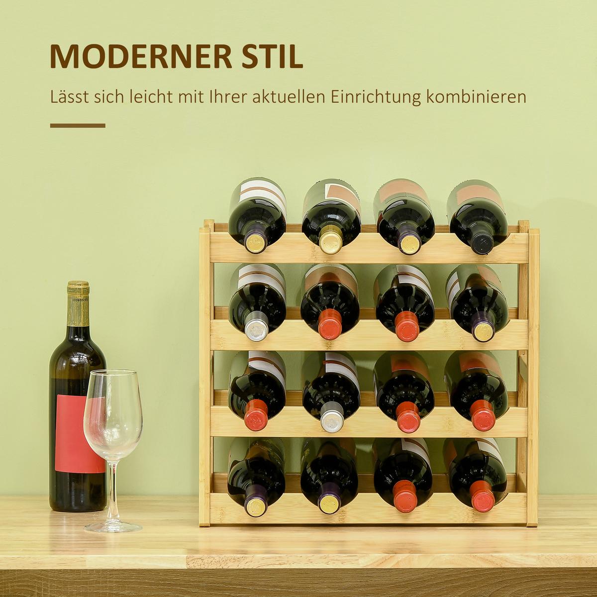 WEINREGAL Flaschenregal Weinhalter für 16 Flaschen Standregal aus Bambus Natur - Naturfarben, Naturmaterialien (23.5/38/43cm) - HOMCOM