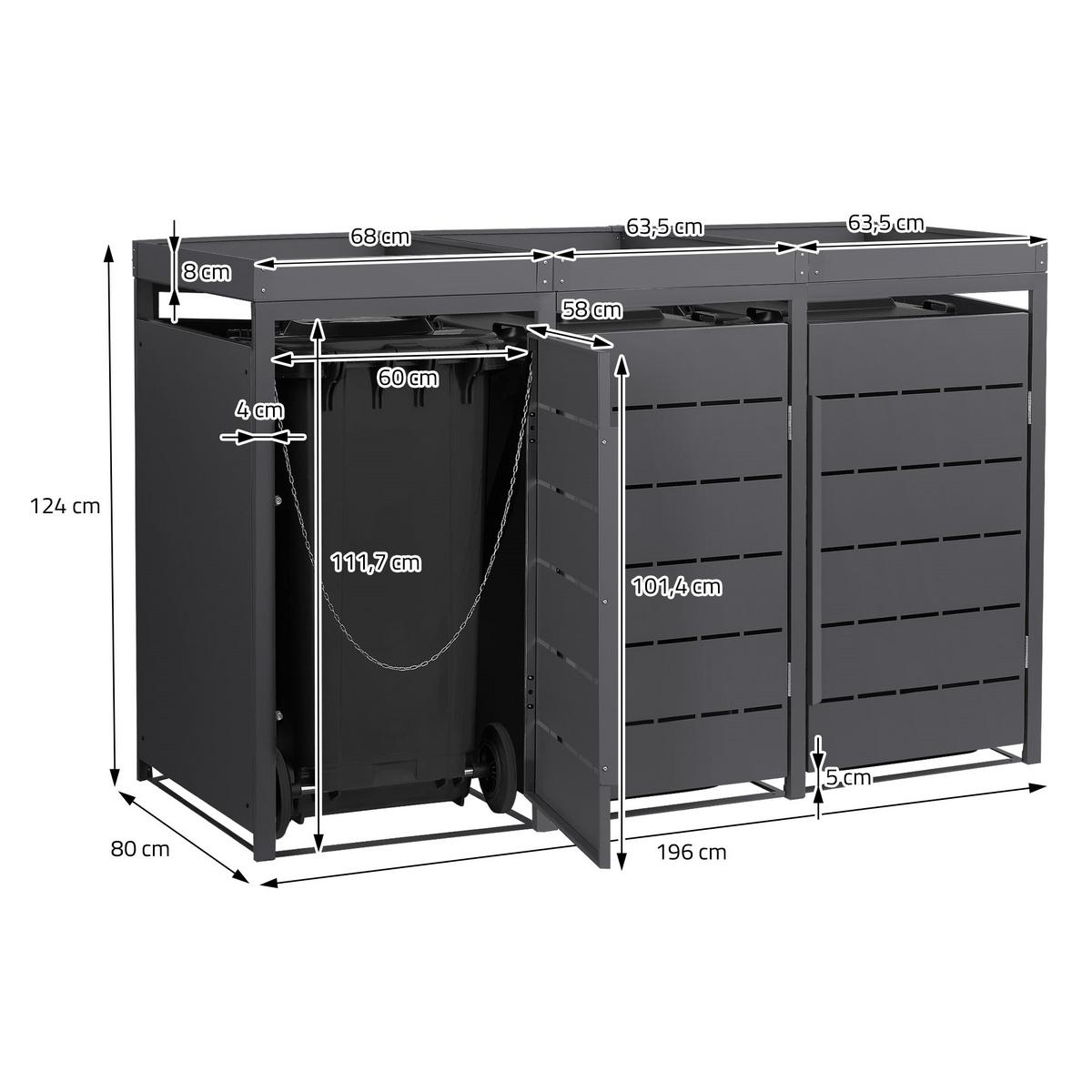 MÜLLTONNENBOX 3er mit Pflanzdach 240L 196x80x124 cm Anthrazit aus Stahl - Anthrazit, Metall (80/124/196cm) - ML-DESIGN