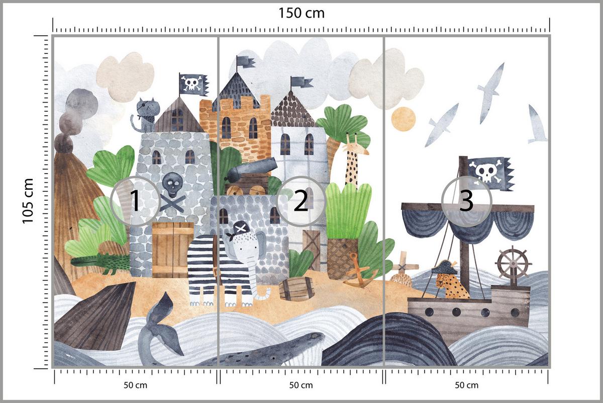 FOTOTAPETE für Kinderzimmer Märchen Piratenfestung Schiff Meereswellen 150x105 - Blau/Beige, Papier (150/105cm) - Muralo