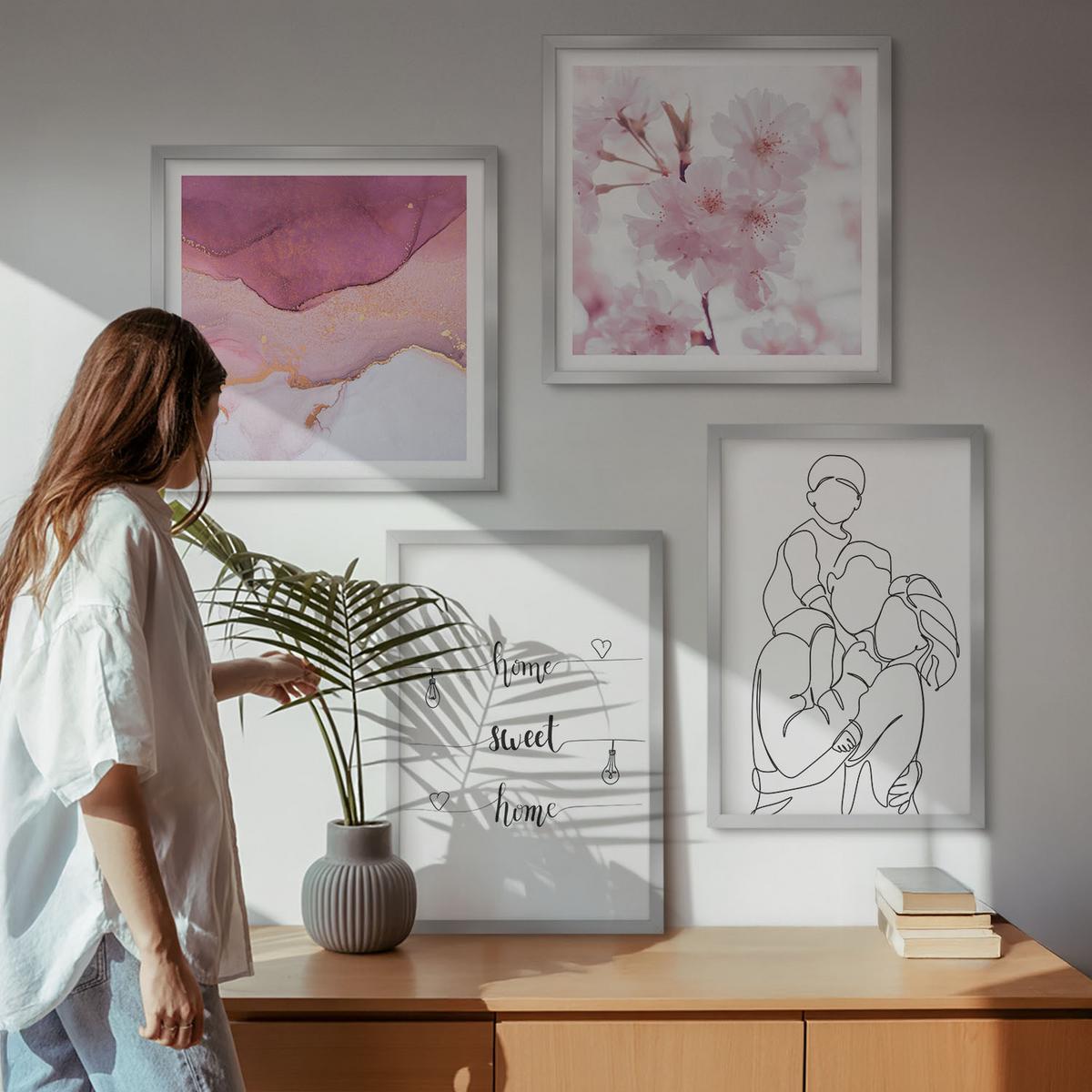 BILDER SET 4er Set - 50x50 cm & 40x60 cm Silberner Rahmen - Blumenfamilie minimalistisch - Silberfarben, Kunststoff (50/50cm) - TULUP