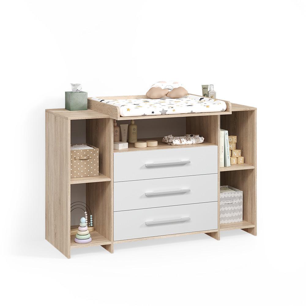 WICKELKOMMODE Torino Weiß/Sonoma XL mit Schubladen - Weiß/Sonoma Eiche, Holzwerkstoff (143/100/70cm) - Livinity®