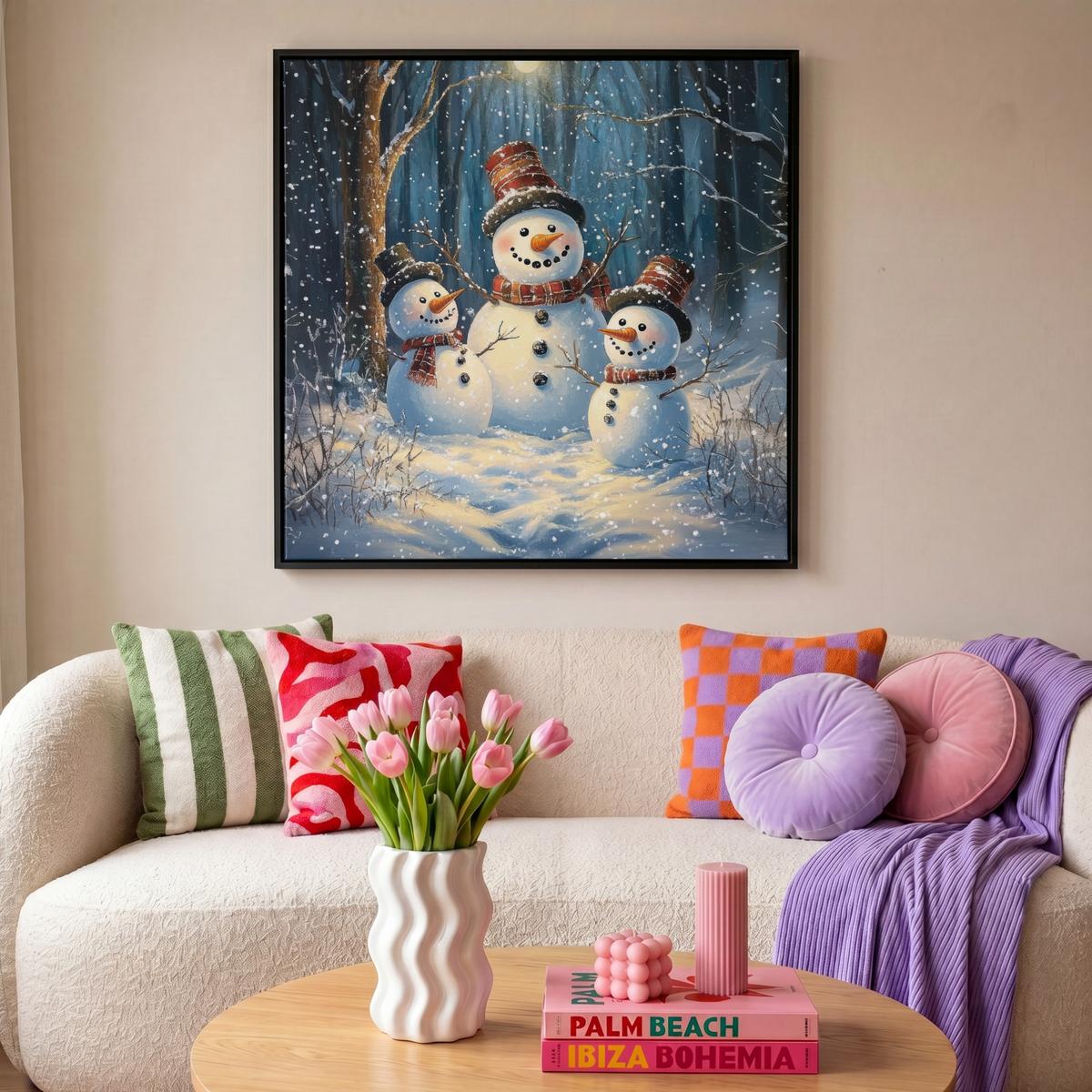 LEINWAND Bilder mit Rahmen - Schneemann - Schnee - Winter - Wald - 90x90 - Hellblau, Textil (90/90cm) - MuchoWow