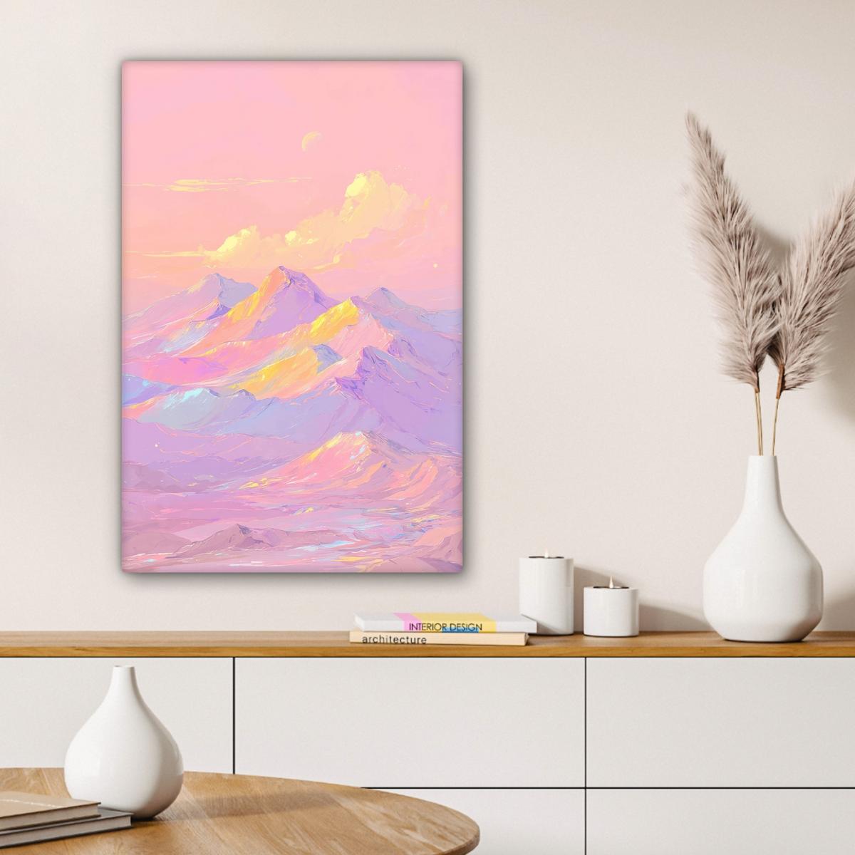 LEINWANDBILD Berggipfel - Wolken - Verträumt Wanddeko Schlafzimmer 60x90 cm - Hellrosa, Textil (60/90cm) - MuchoWow