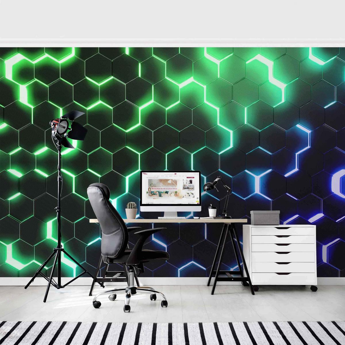 FOTOTAPETE Strukturierte Hexagone mit Neonlicht in Grün und Blau 384/255 cm - Schwarz, Papier (384/255cm) - Bilderwelten