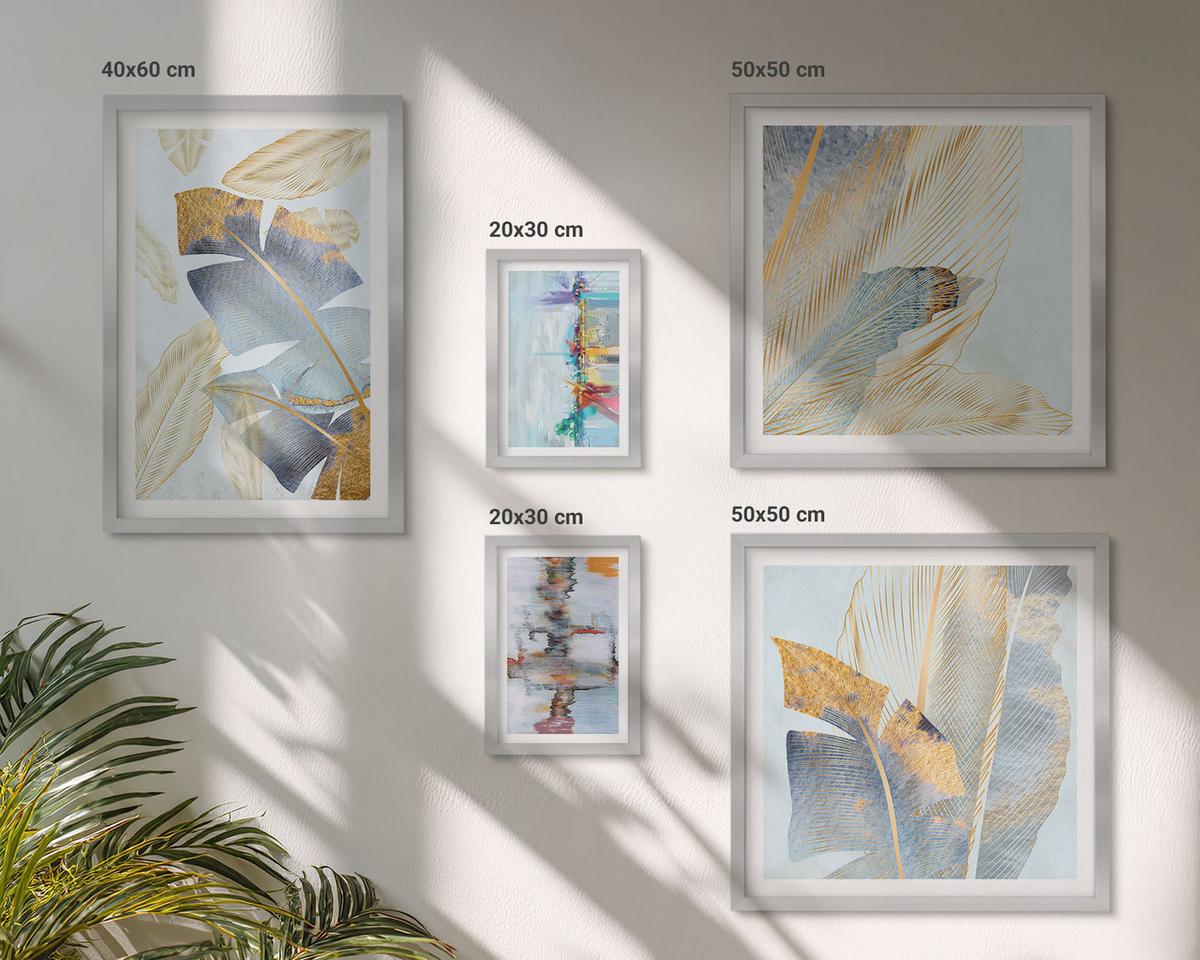 BILDER SET 5er Set - 50x50 cm & 20x30 cm & 40x60 cm Silberner Rahmen - abstrakte Muster in Blautönen - Silberfarben, Kunststoff (40/60cm) - TULUP