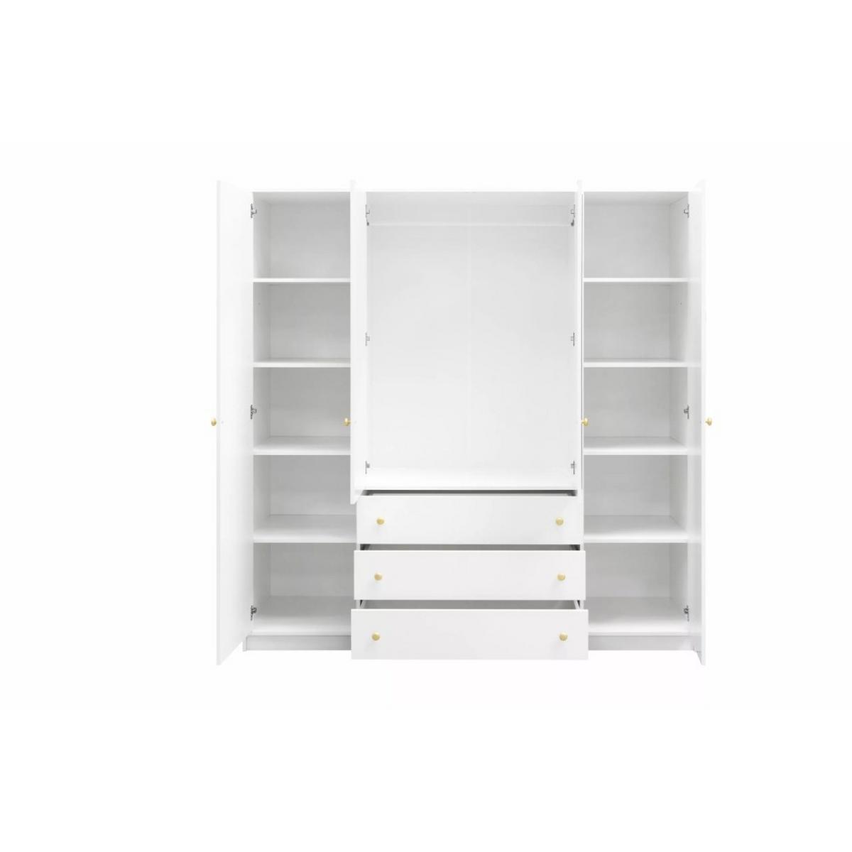 DREHTÜRENSCHRANK Solea mit 4 Türen und 3 Schubladen, Weiß - Goldfarben/Weiß, Holzwerkstoff (196/200/58cm) - Beautysofa